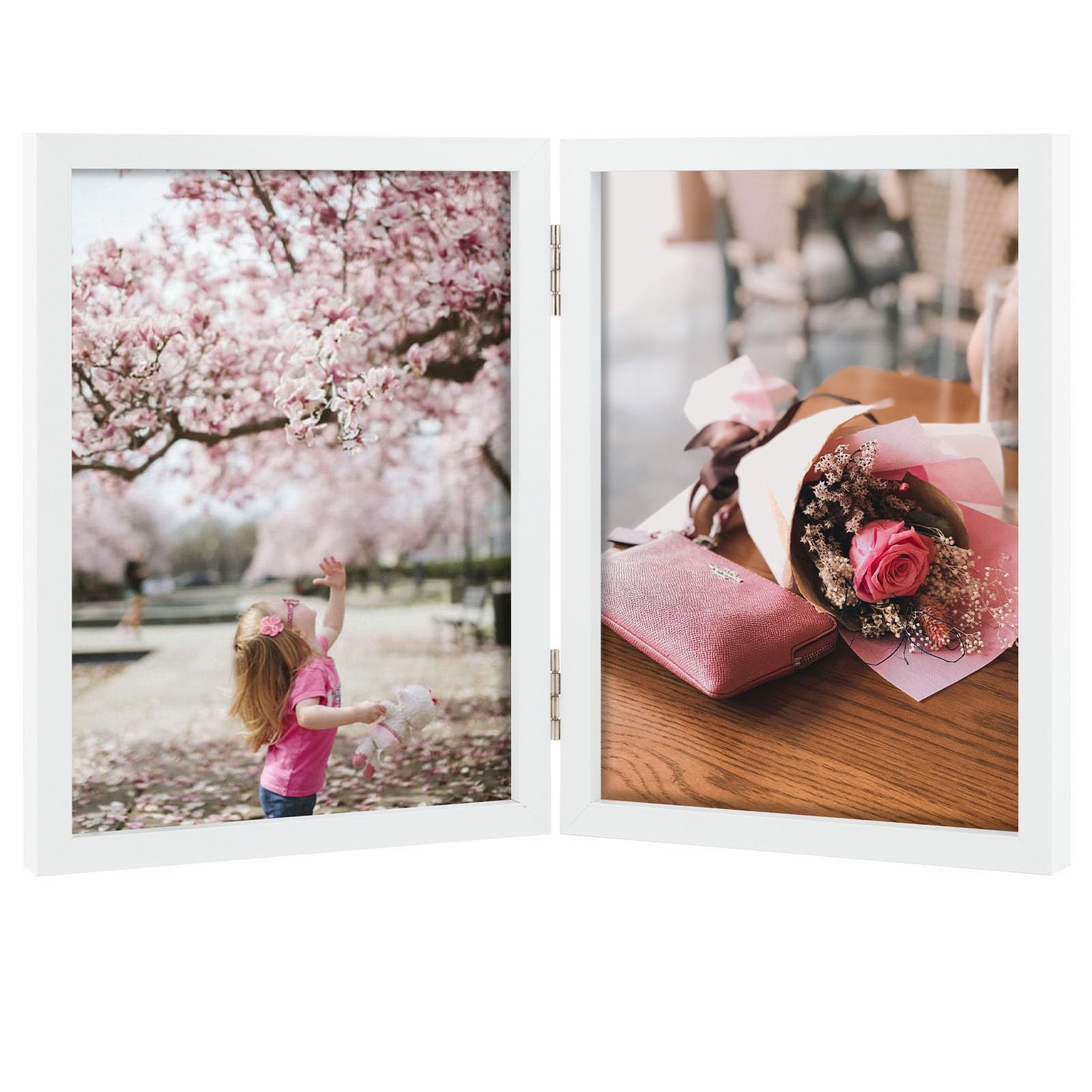 5x7 Double Hinged Frames, 2 Folding Picture Frame, Stand Vertically on Desktop or Tabletop, White
