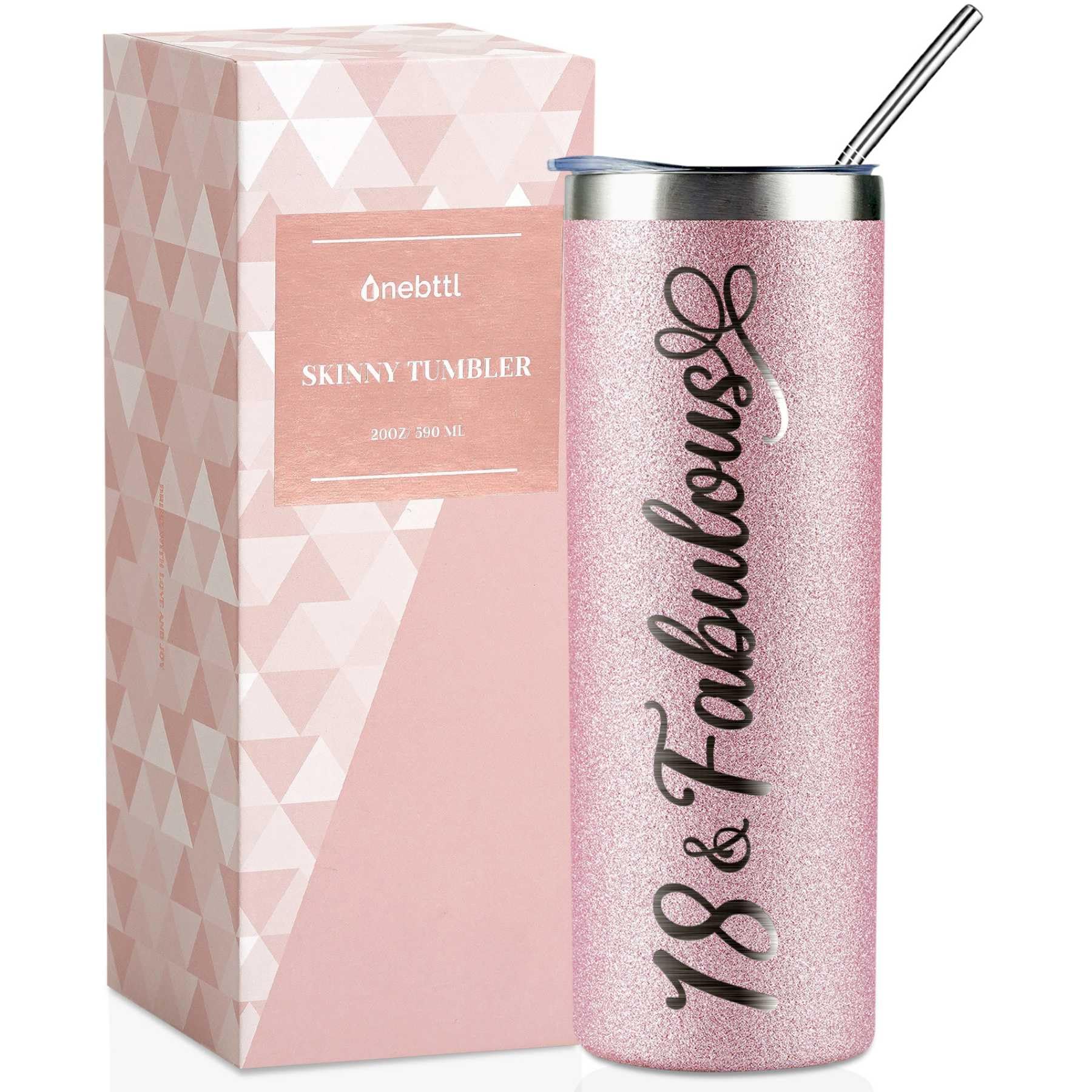 Onebttl 18th Birthday Gifts for Girls, Women, Her - 18 and Fabulous -20oz/590ml Stainless Steel Insulated Glitter Tumbler with S