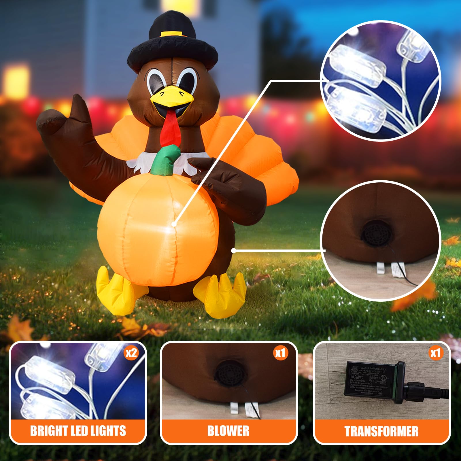 4FT Thanksgiving Turkey Inflatable with Built-in LED Lights, Blow Up Turkey with Pilgrim Hat Outdoor Holiday Decoration, Lawn Ya