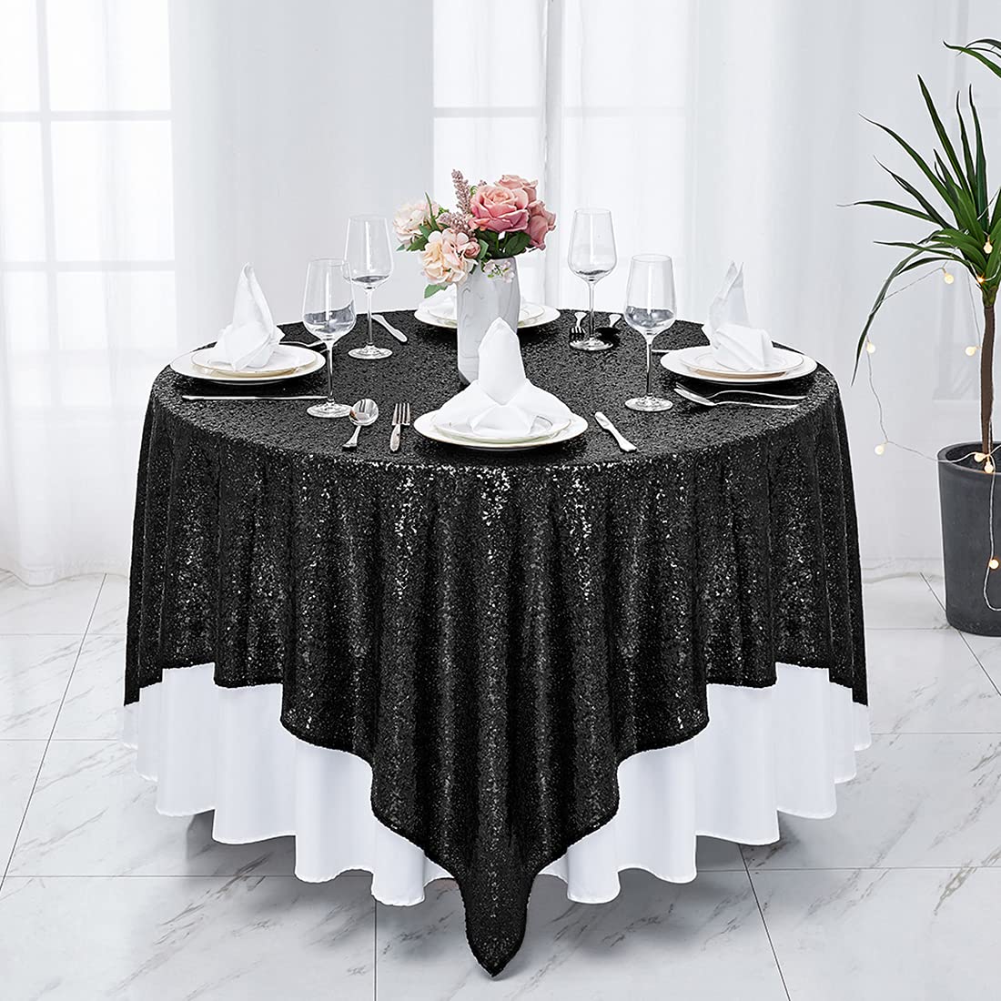 Hahuho 50X50 Inch Square Sequin Tablecloth Black, Glitter Tablecloth For Bridal Shower Decorations, Birthday, Wedding, Dessert,