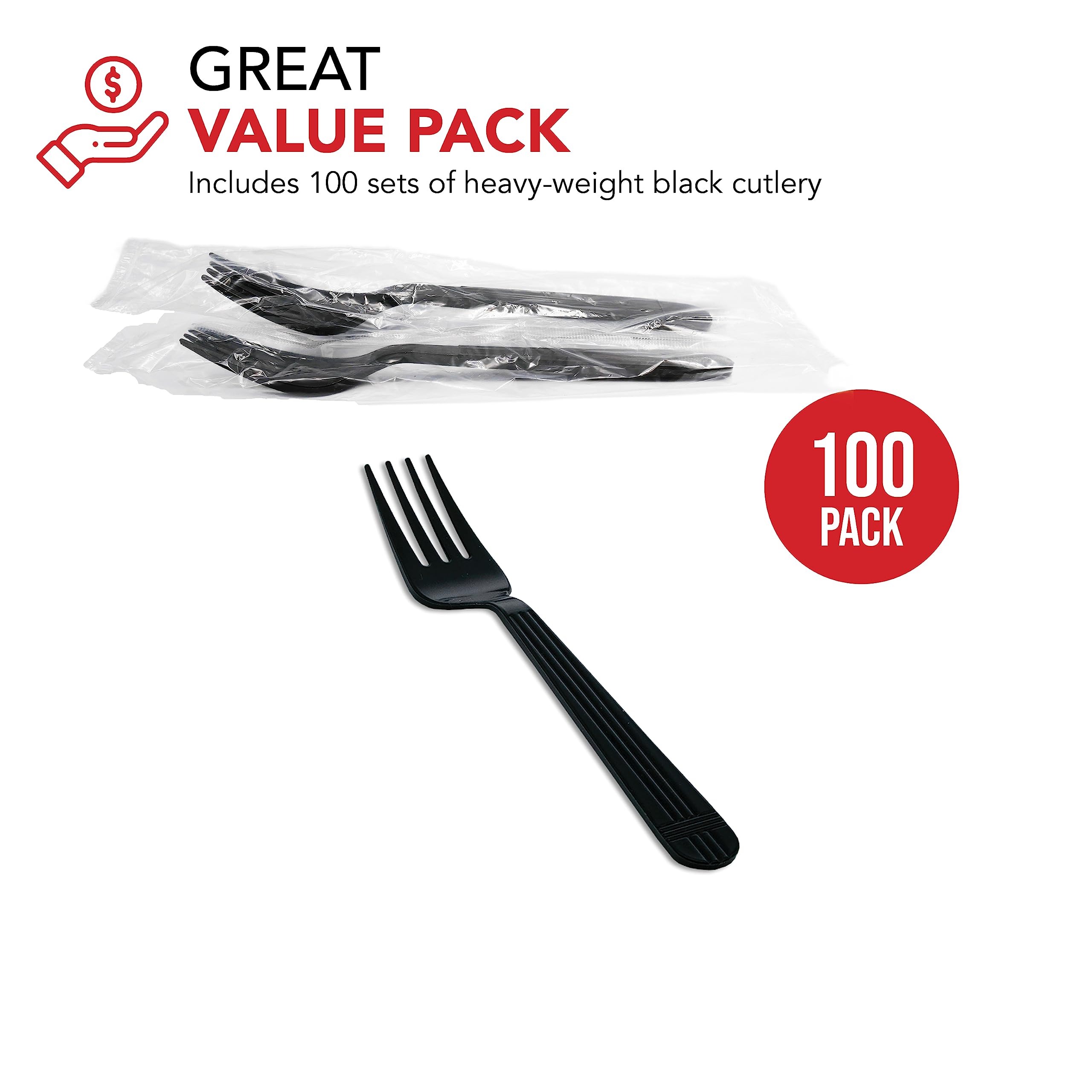 Party Essentials Individually Wrapped Black Plastic Utensil Sets/Heavy Duty Flatware Packs, Fork, 100 Sets