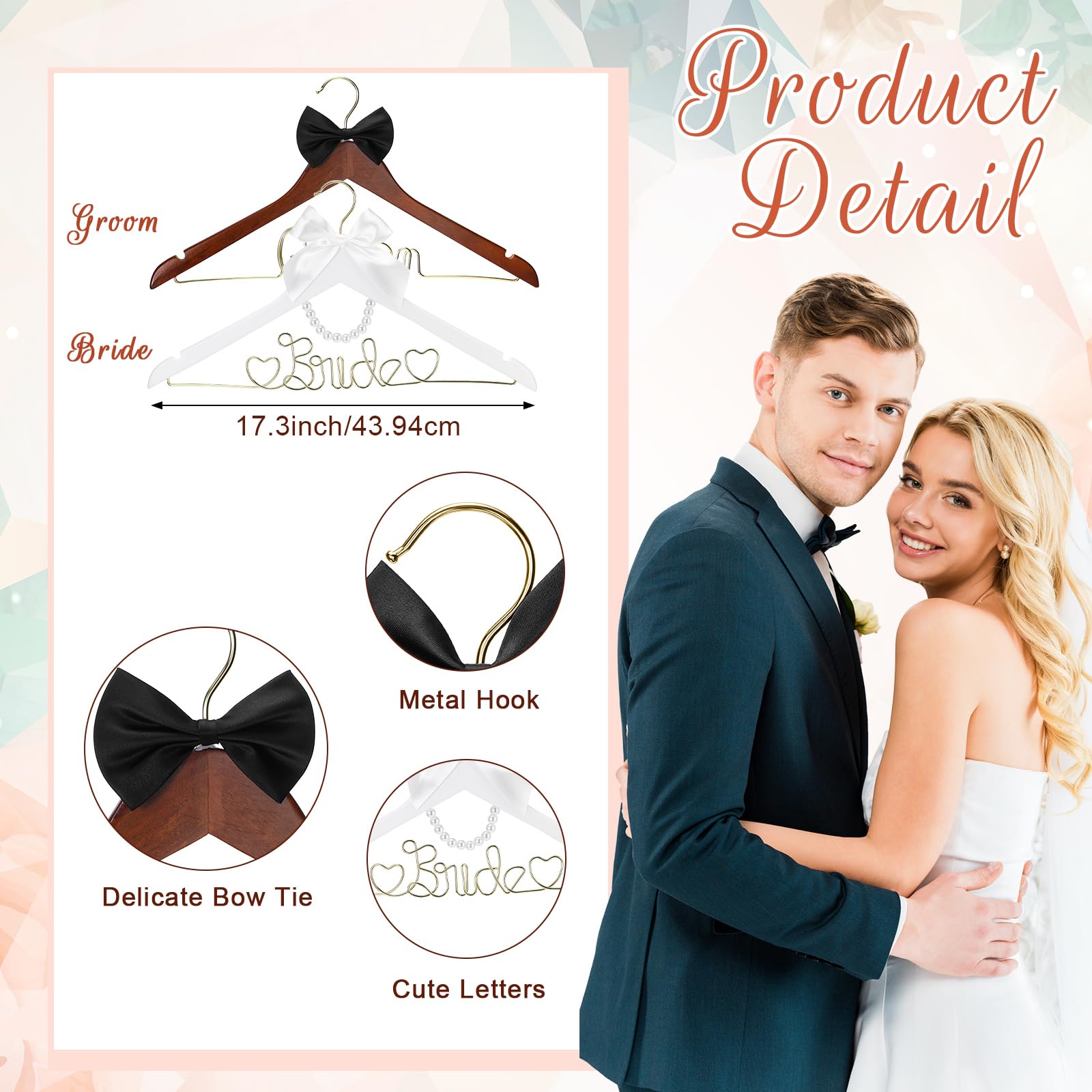 2 Pcs Bride Hanger Bride and Groom Wooden Wedding Dress Hanger Set with Bow Tie for Tuxedo Suit Wedding Gift Bridal Party Shower