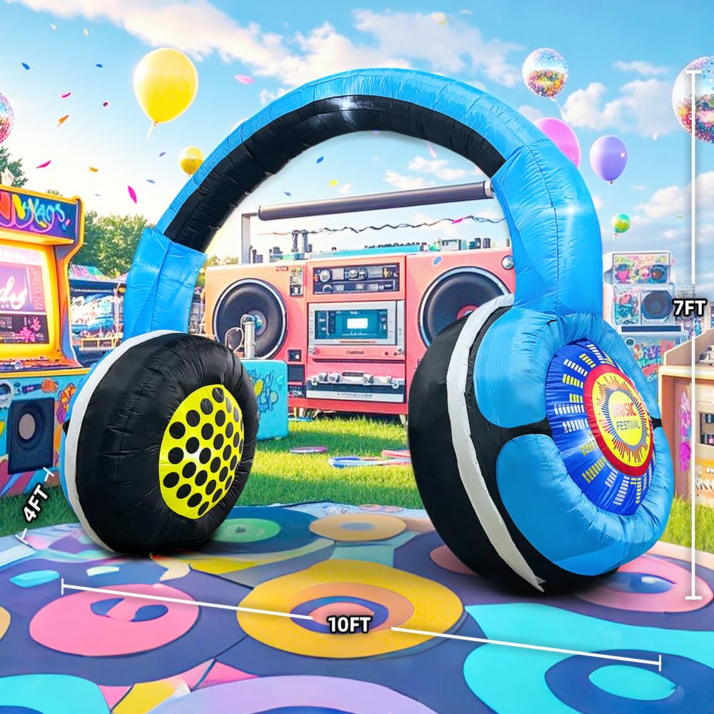 10FT Christmas Inflatable Headphones Archway Party Decorations, 80 s 90 s Party Decoration, Blow up LED Lights Favors for 80s 90