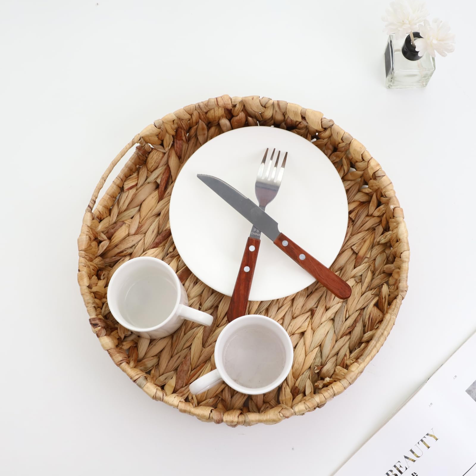 Yrmt Water Hyacinth Serving Tray Round Woven Tray With Handles Boho Decorative Tray For Breakfast, Coffee, Table, Dining 13'' X