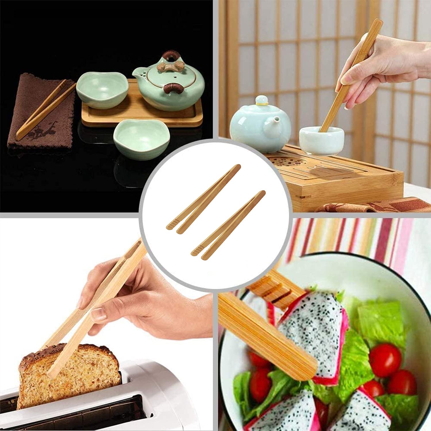 7 Inch Bamboo Kitchen Utensil Tongs, Reusable Bamboo Toast Tongs For Toast, Kimchi, Fruit And Tea, 8 Pcs.