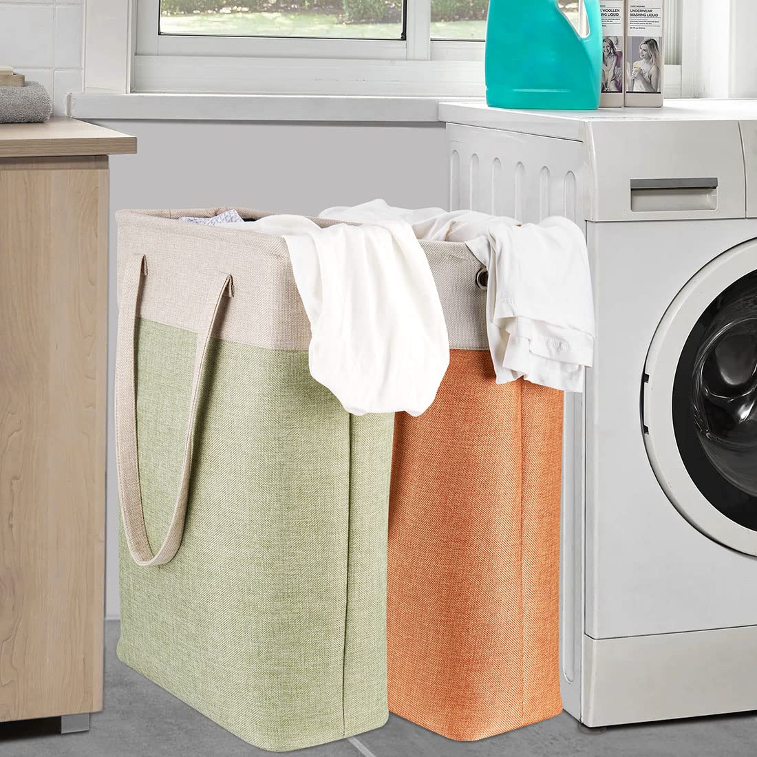 i BKGOO Laundry Basket with Handles Beige&Green Slim Laundry Bin Collapsible Dirty Clothes Basket Narrow Laundry Bag Foldable Dirty Hamper for Camping  Dorms  Apartments