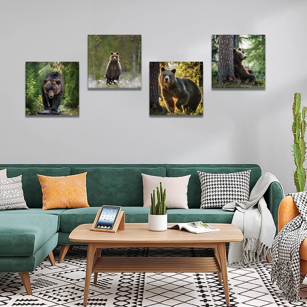 Otostar 4 Pieces Wall Art Canvas Prints - Forest And Bear Picture Painting - Modern Wall Artwork Framed For Gifts Bathroom Home