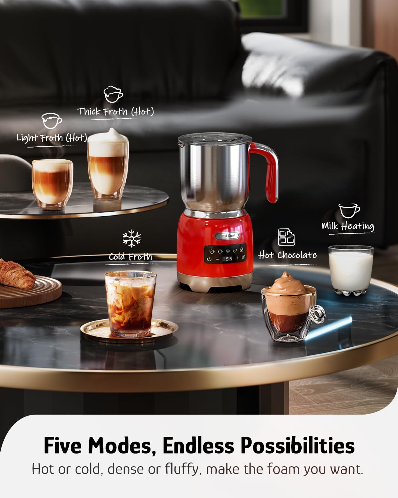 Hazel Quinn Milk Frother, 5 Functions, Variable Temp And Thickness Frother And Steamer, Detachable For Dishwasher Safe, 400Ml/13