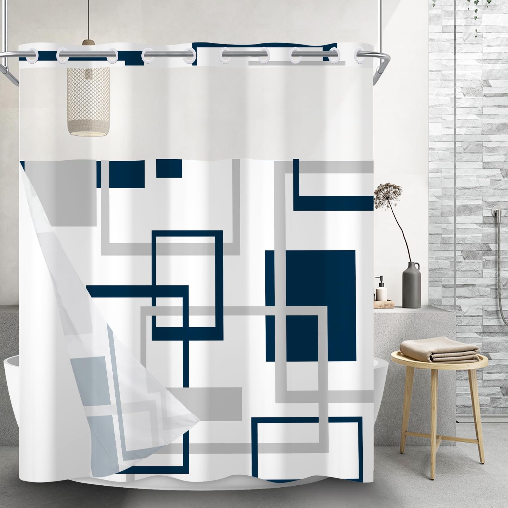 Awert No Hook Shower Curtain With Snap In Liner Navy Blue Geometric Shower Curtain And Liner Set Double Layers Waterproof Fabric
