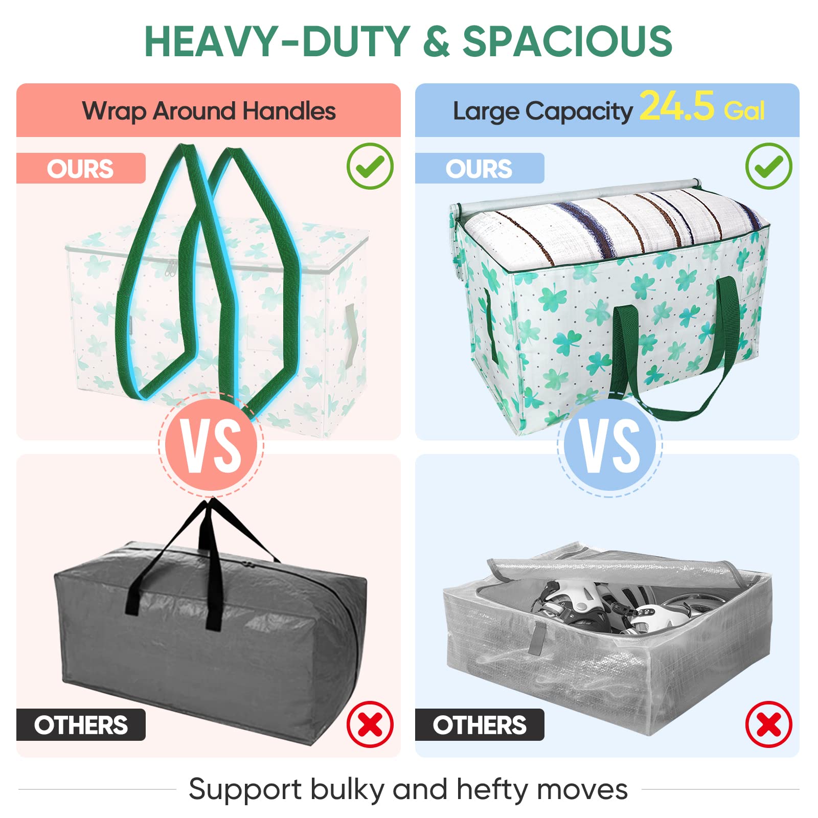 Baleine 2-Pack Oversized Moving Bags With Reinforced Handles, Heavy-Duty Storage Tote For Clothes, Moving Supplies (Clover, 2-Pa