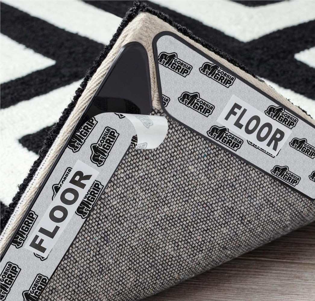 GORILLA GRIP 12 Pc Rug Gripper Pads Keep Area Rugs Corners from Curling, No Damage Reusable Double-Sided Sticky Pads, Holds Down