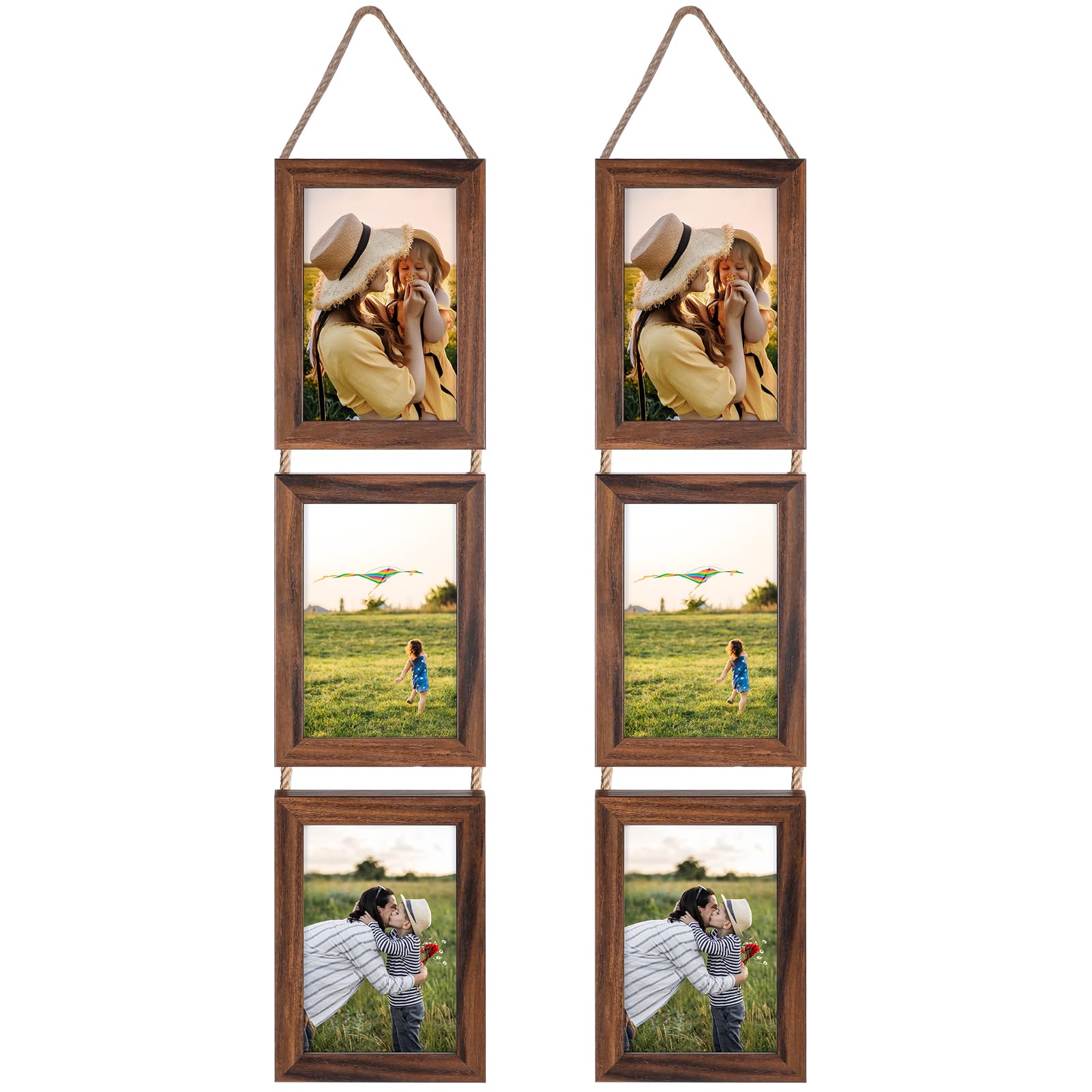 Lavezee 4x6 Collage Triple Picture Frames Set, Walnut Brown 6 Opening Hanging Vertical Frame Made to Display 4 by 6 Inch Photo P