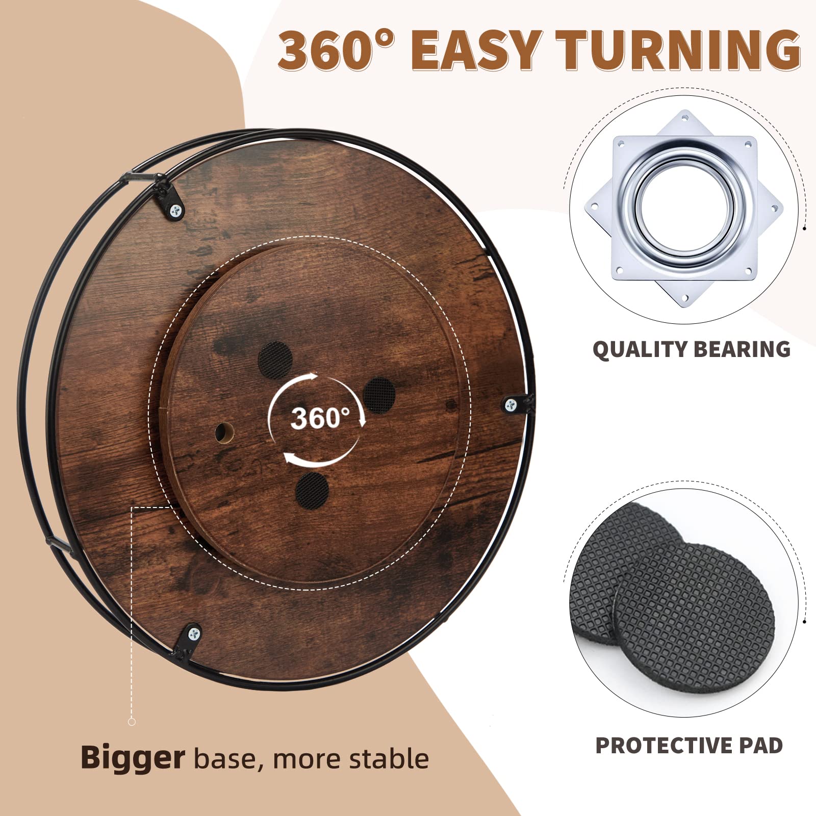 10 Inch Wood Lazy Susan Turntable For Table, Kitchen Rustic Brown Turntable Organizer With Steel Frame, 360 Degree Decorative Tu