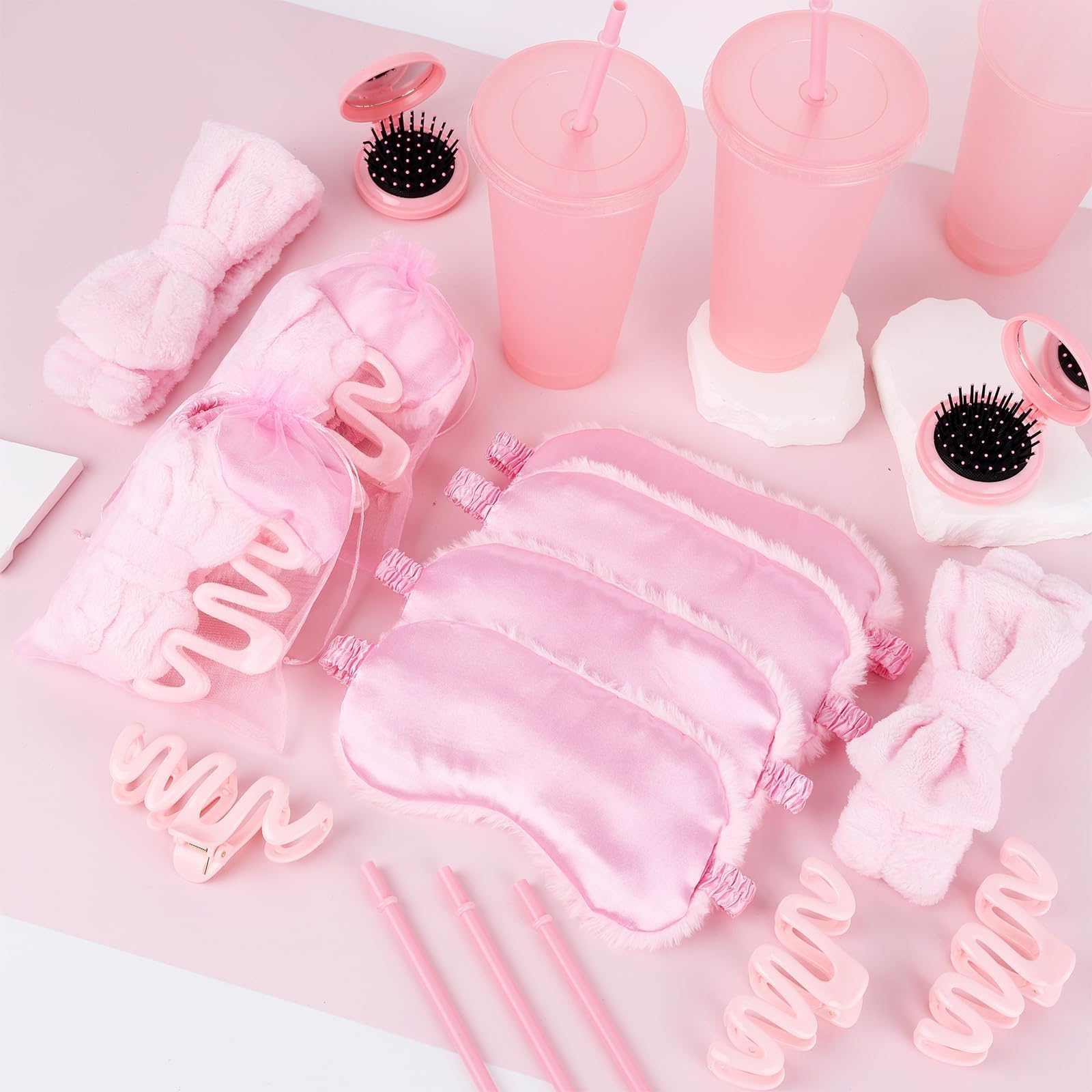 36 Pcs Spa Sleepover Party Supplies for Girls Makeup Party Favor with 6 Headband 6 Eye Masks 6 Pink Plastic Cups 6 Mirror 6 Hair