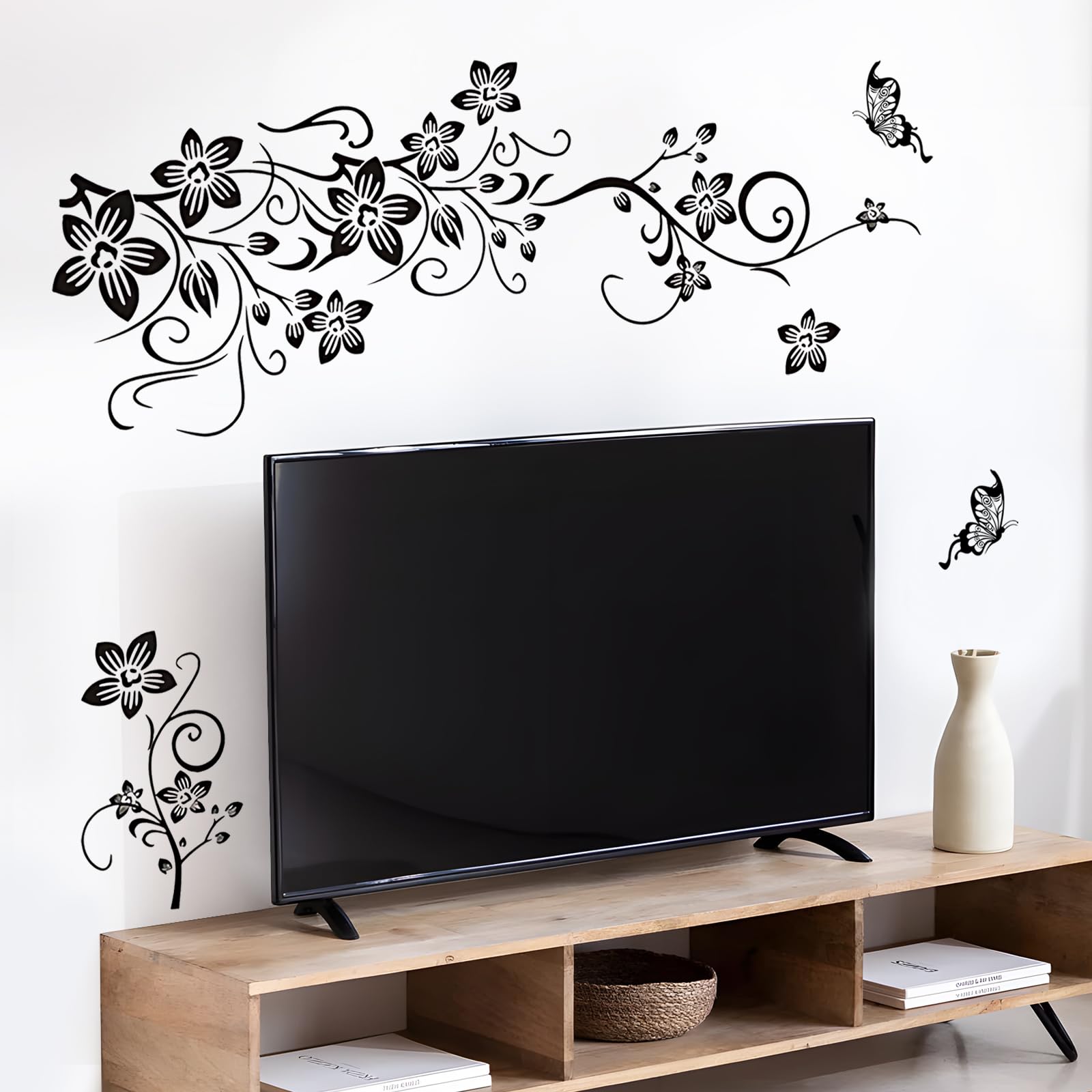 Supzone Flowers Vine Wall Decals Black Flowers Wall Stickers Butterfly Wall Decor Removable Vinyl Diy Home Wall Art Stickers For