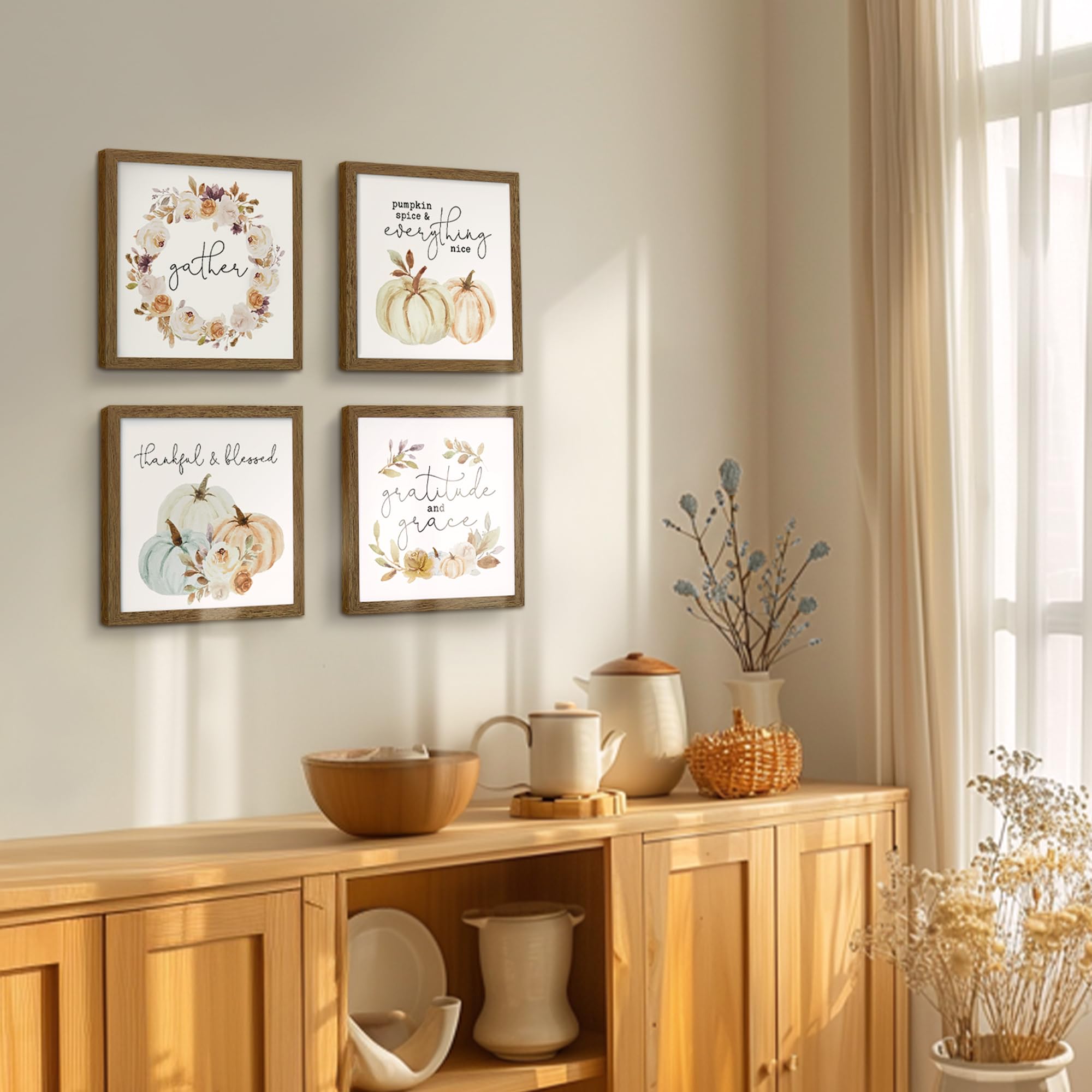 ArtbyHannah Fall Wall Art Decor for Indoor Decorations Framed with Autumn Harvest Thanksgiving Pumpkin Prints  Extra Halloween Prints Decorations for Home  4 Pack 10x10 Inch Walnut Frame