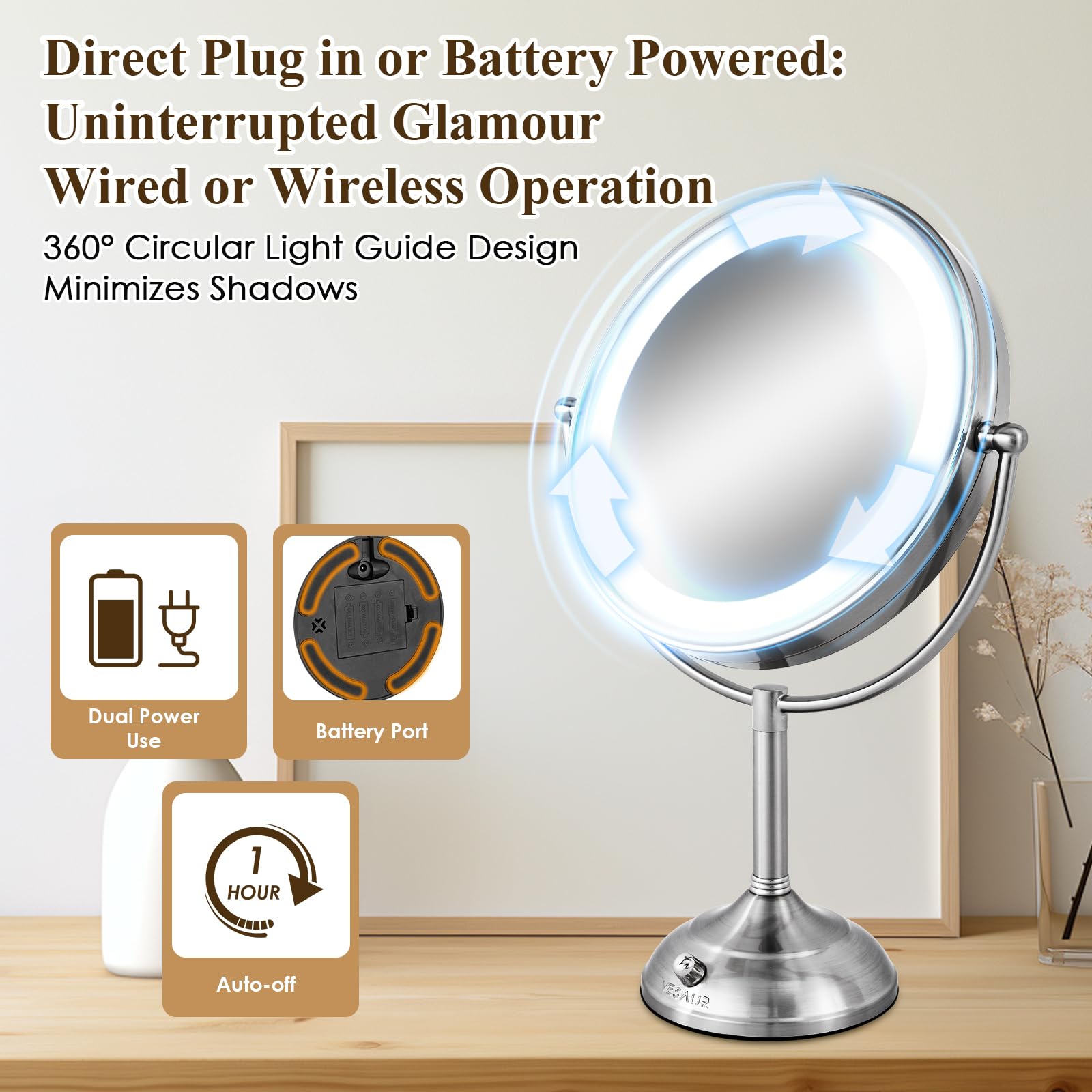 Vesaur 10'' Large And 17'' Tall Lighted Makeup Mirror, Double Sided 1X 5X Magnifying Mirror With Lights, 3 Colors Dimmable Light