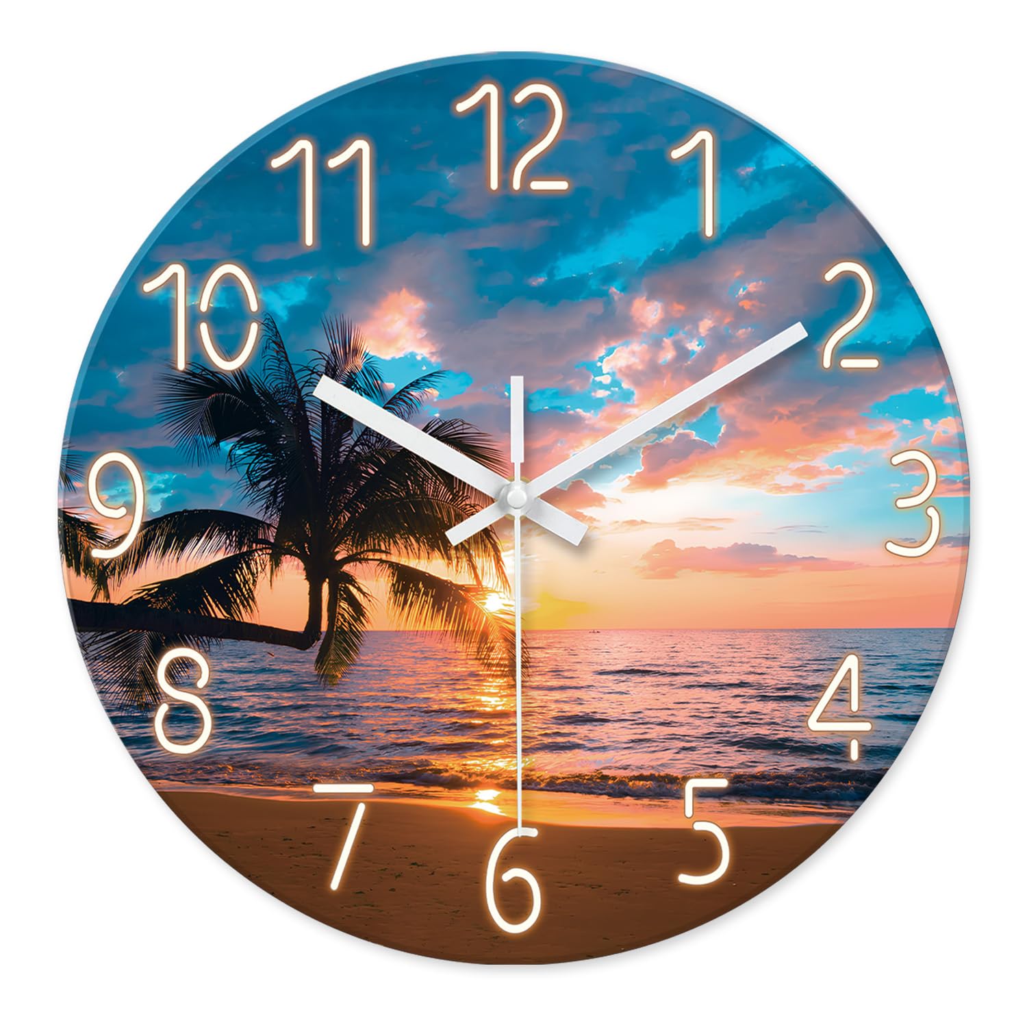 Xfm Glass 24 Wall Clock Blue - Giant Wall Clock Battery Operated - Oversized Wall Clocks Sunset Clock Beach Clock For Living Roo