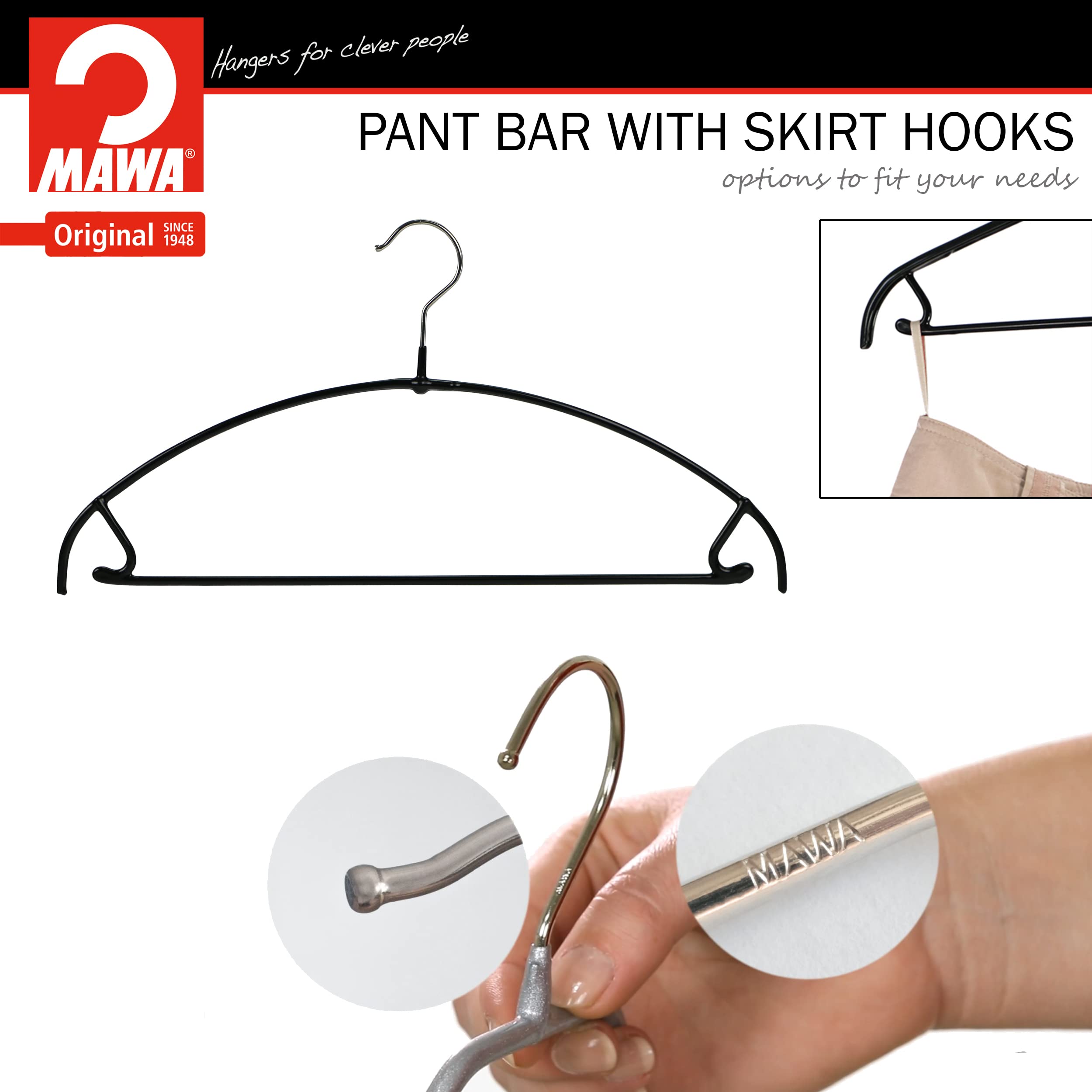 Mawa by Reston Lloyd Euro Ultra Light/Thin Series  Non-Slip Space-Saving Clothes Hanger with Bar & Hooks for Pants and Skirts  Style 42/PTU  Set of 10  Black