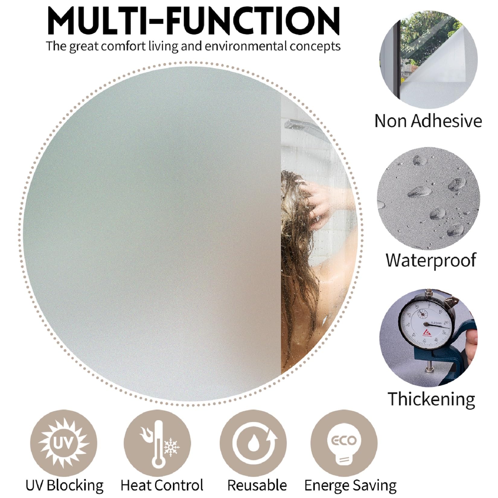KESPEN Window Privacy Film Frosted Glass Heat Control UV Blocking Privacy Window Film for Glass Windows Static Cling Non-Adhesiv