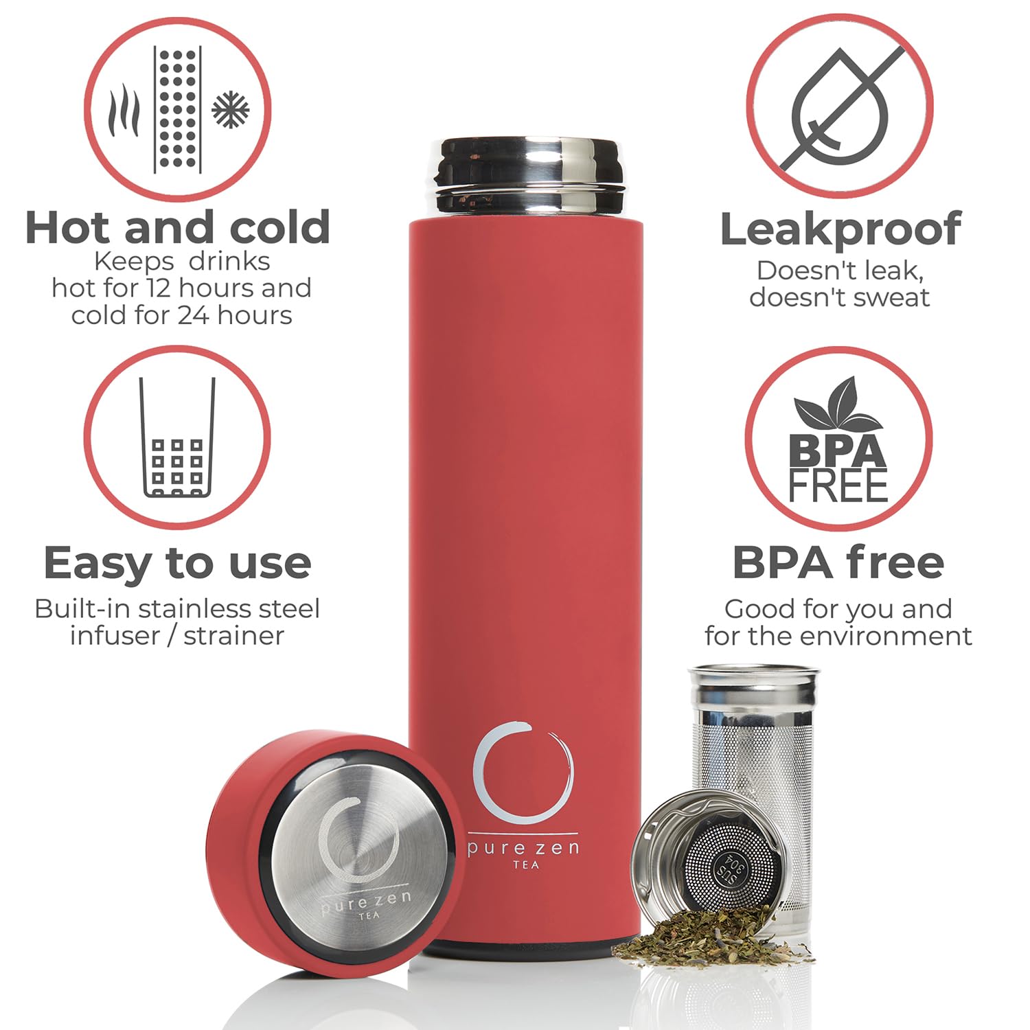 Pure Zen Tea Thermos With Infuser For Tea, Coffee And Fruit-Infused Water - Stainless Steel - Tea Infuser Bottle - Leakproof Tra