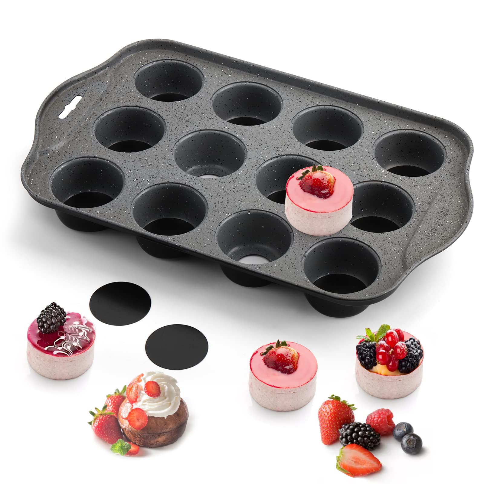 Tosnail 2 Pack 12 Cavity Mini Cheesecake Pan, Mini Muffin Baking Pan, Mini Cupcake Pan With Removable Bottom - Round Black