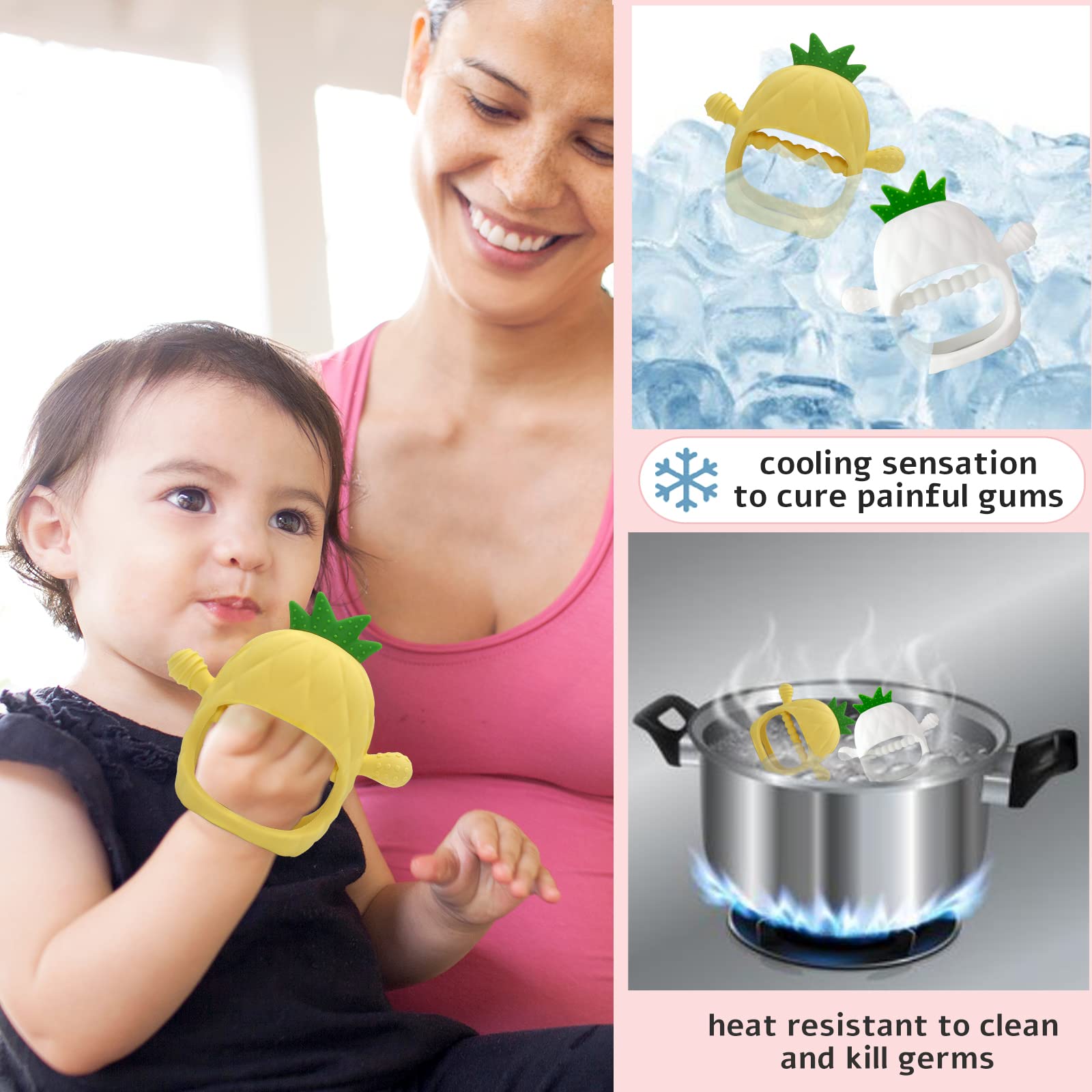 Pineapple Shape Baby Teething Toys, Never Drop Hand Wrist Teether, Papachoo Baby Chew Toys For Sucking Needs, Silicone Baby Mitt