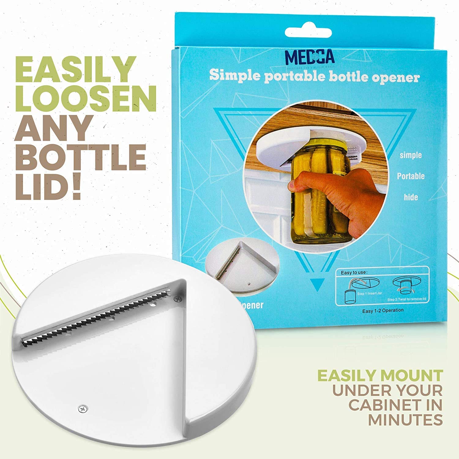 MEDca Under Cabinet Jar Opener - Multi-Sized Lid Gripper Tool, Ideal for Weak Hands, White, 1 Count