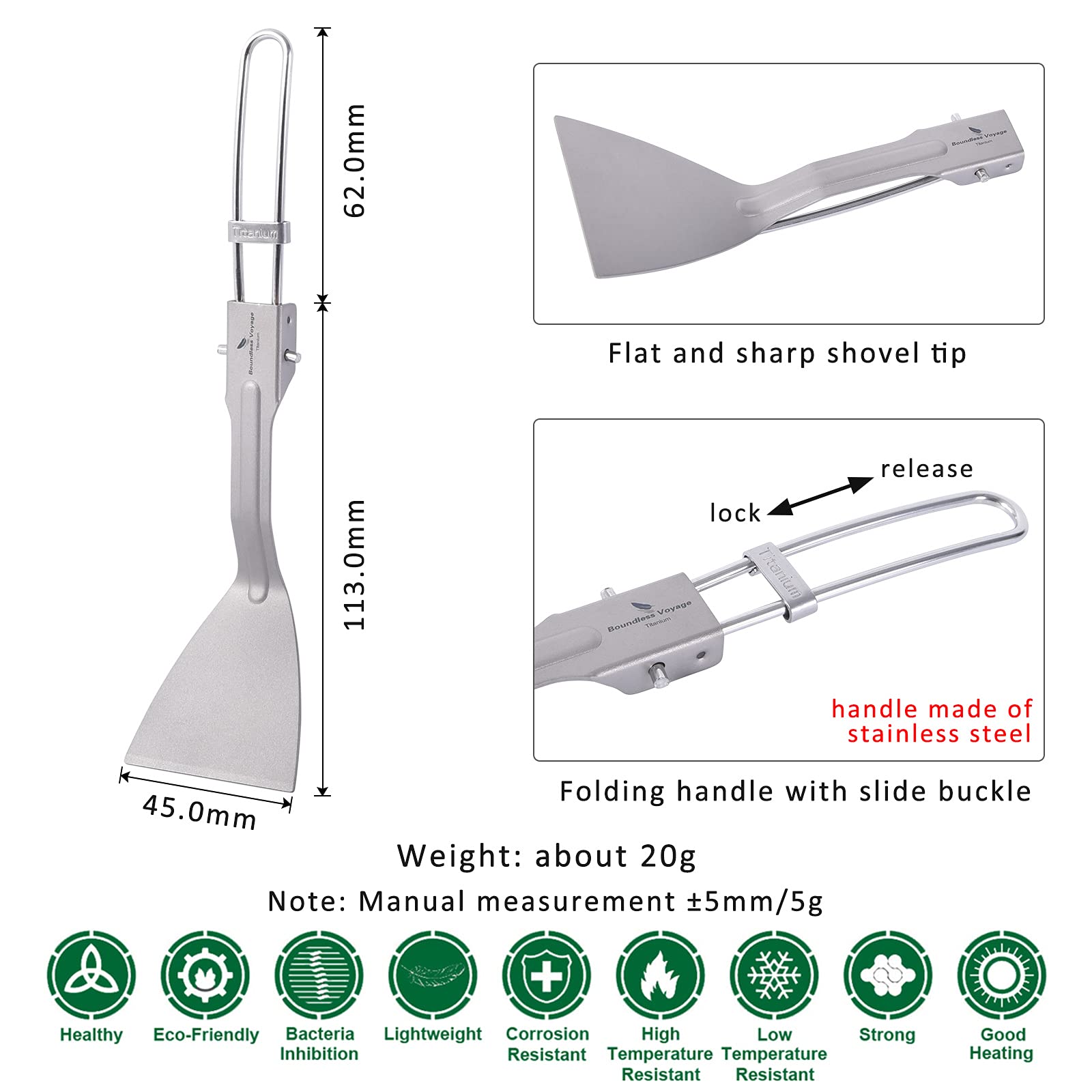 Boundless Voyage Titanium Mini Wok Spatula With Folding Handle Kitchenware 6.89Inch For Camping Hiking Picnic A-Ti1076T