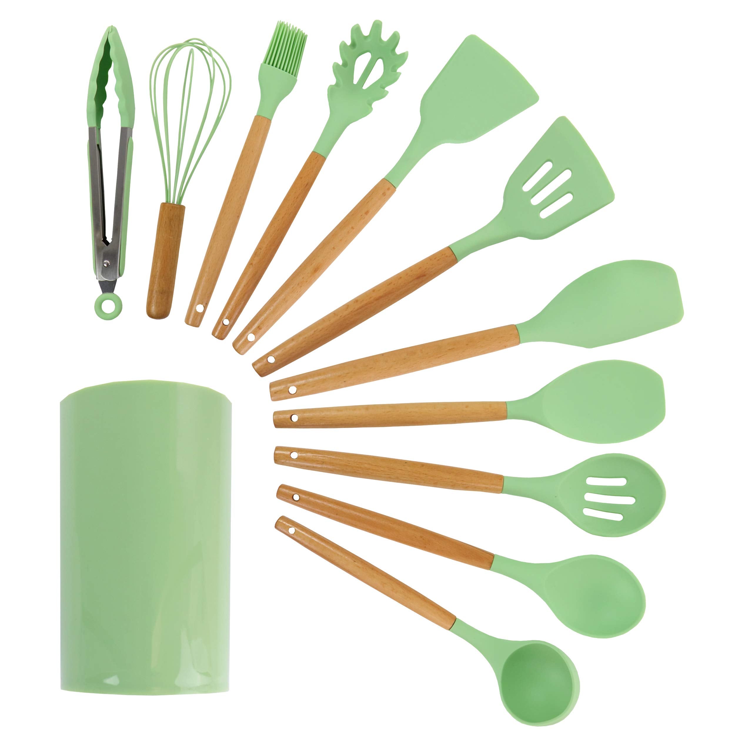 Megachef Tool Wooden Cookware Utensil Set, 12 Piece, Mint Green and Wood Texture