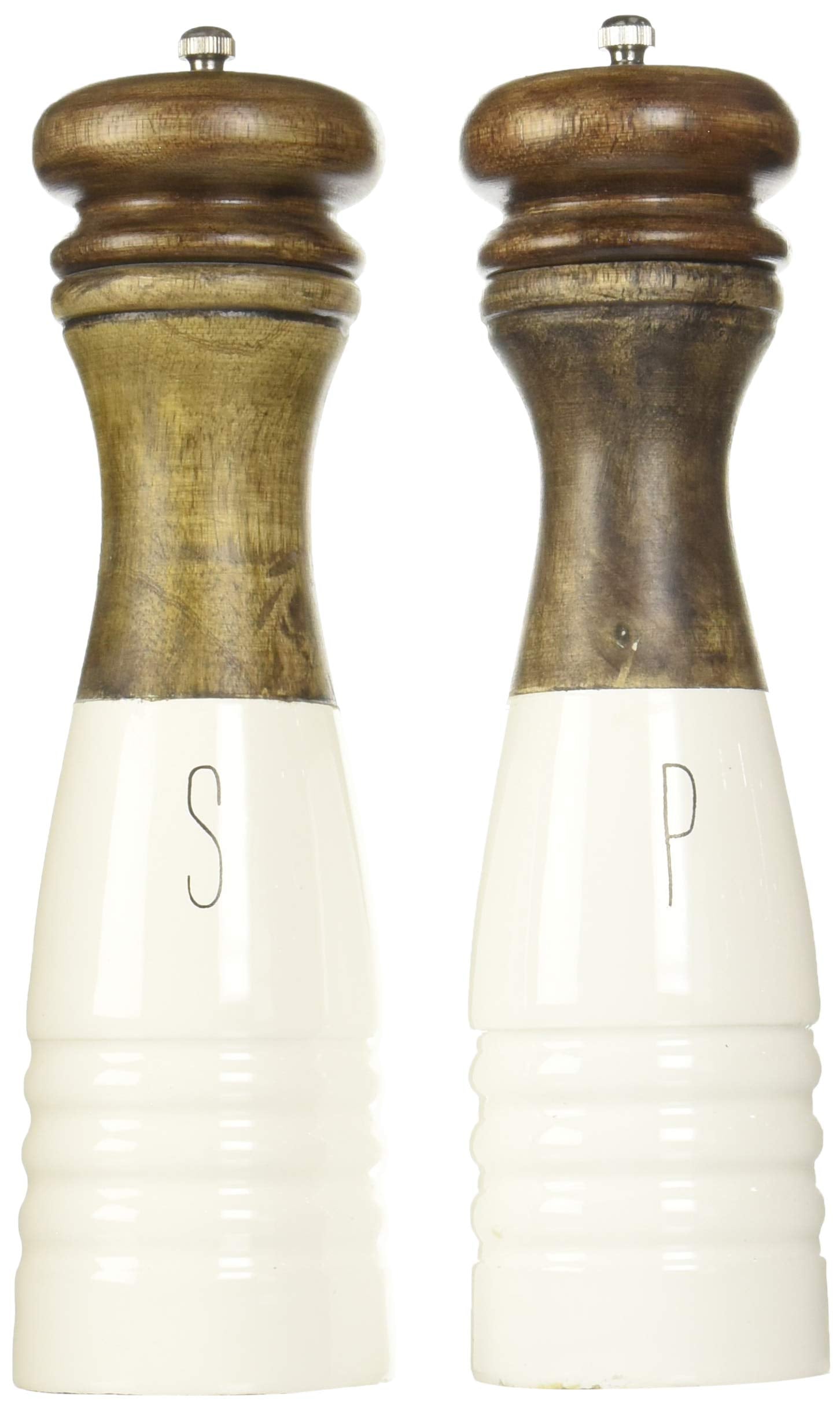 Mud Pie Farmhouse Wood And Enamel Mills Salt And Pepper Set, 10 1/2'' X 3'' Dia, White, Brown