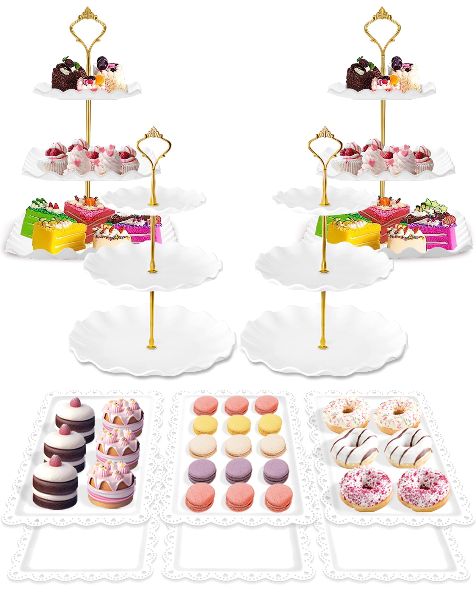 Hoedia 10 Pcs Cake Stand, Plastic Dessert Table Display Set, 4 Pcs 3 Tier Cupcake Stand Tower Holder and 6 Pcs Serving Tray for 