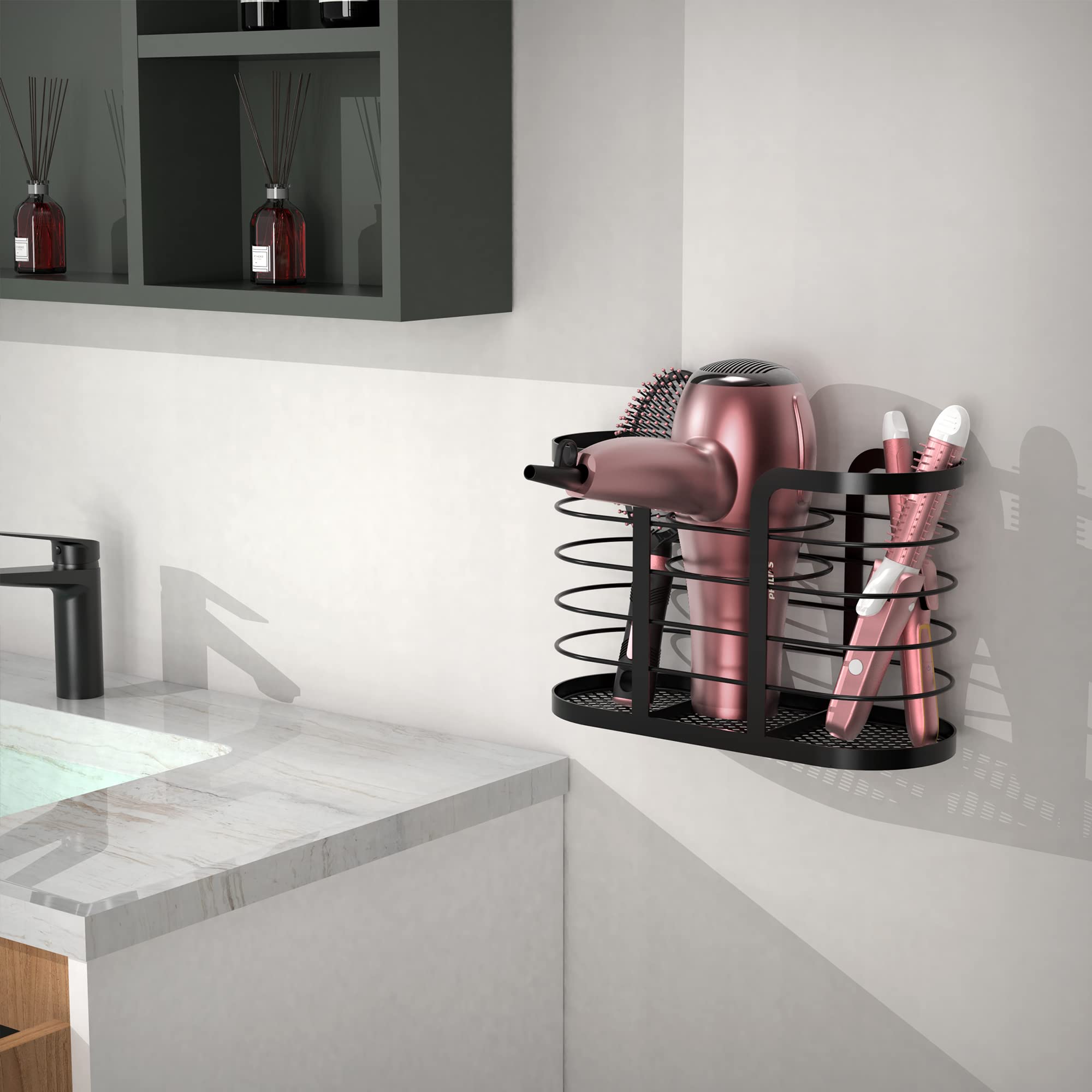 Yigii Hair Tool Organizer - Dryer Holder/Blow Holder Cabinet Door, Bathroom Care & Styling Tools Storage Basket For Dryer, Flat