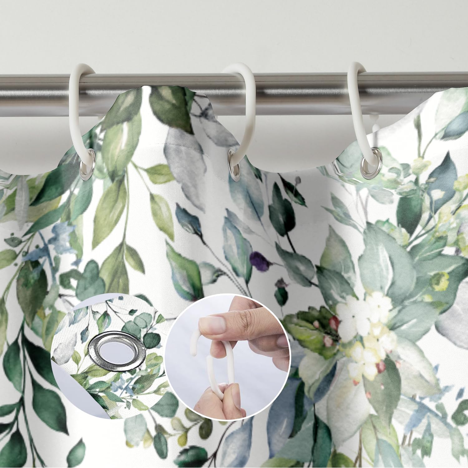 Bivinar Green Eucalyptus Leaves Shower Curtain, Watercolor Plant Floral Bathroom Shower Curtain, Fabric Waterproof Botanical Sho