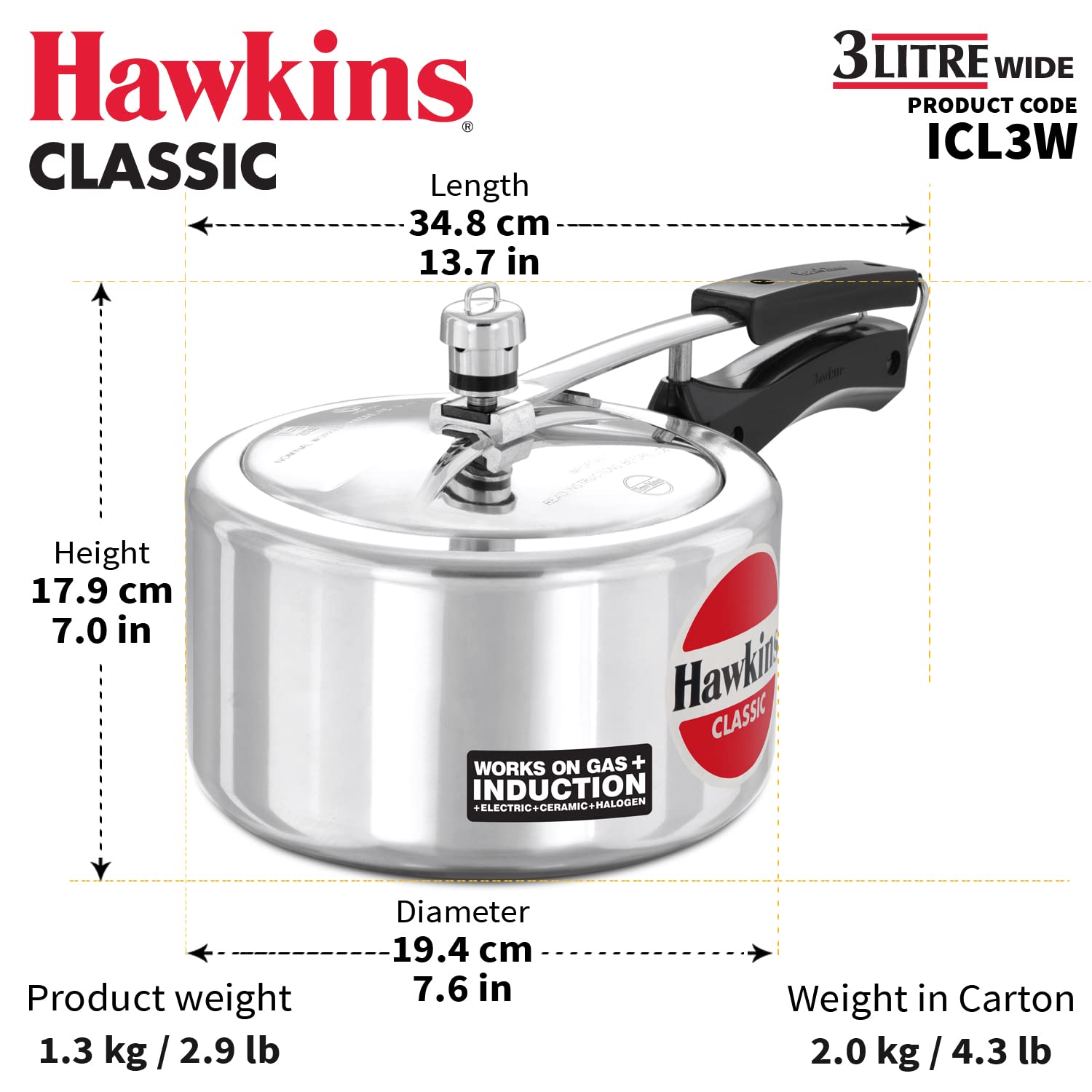 Hawkins Classic 3 Litre Inner Lid Aluminium Pressure Cooker, Induction Cooker, Wide Design Pan Cooker, Best Cooker, Silver (ICL3