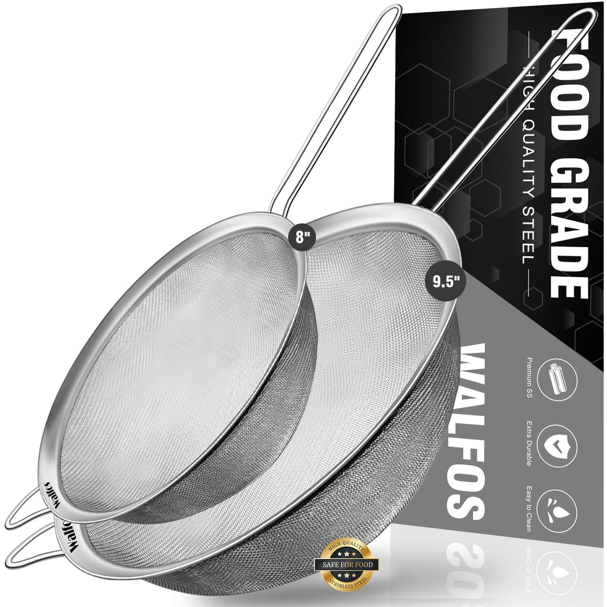 Walfos Large Fine Mesh Strainer 9.5'' & 8'', Stainless Steel Mesh Sieve With Sturdy Handle, Kitchen Metal Food Strainers For Qui