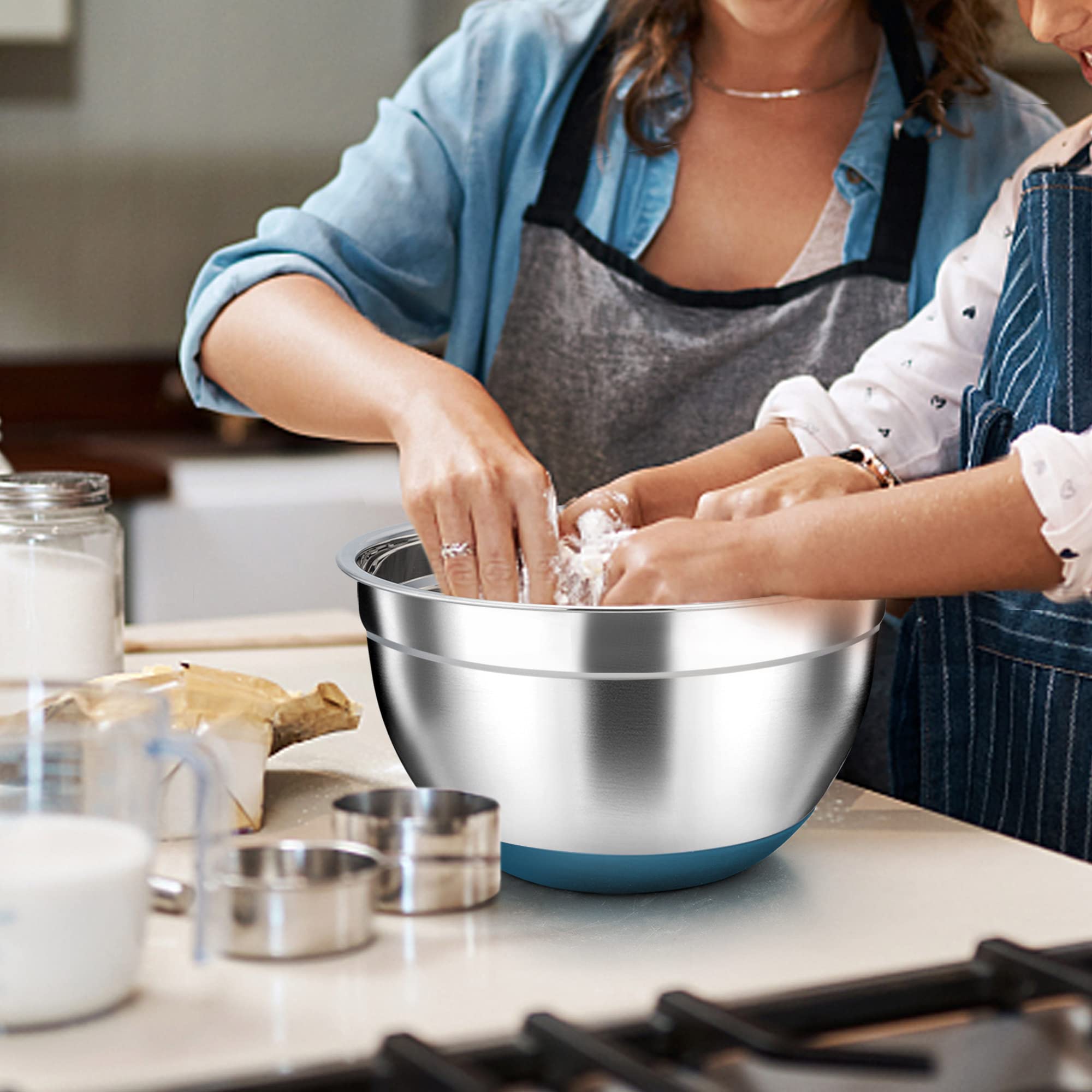 Teamfar Mixing Bowls With Lids For Kitchen, Set Of 6, Blue Stainless Steel Salad Bowl With Air-Tight Lid & Silicone Bottom, Non