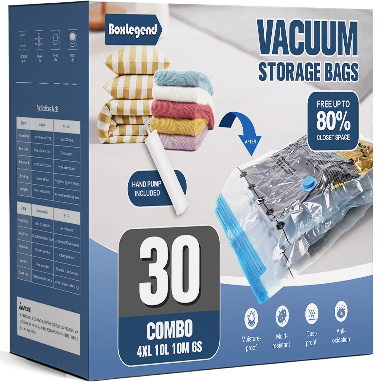 BoxLegend Vacuum Storage Bags with Large Hand Pump 30 Combo (4 Jumbo, 10 Large, 10 Medium, 6 Small) Thickened Vacuum Seal Bags f