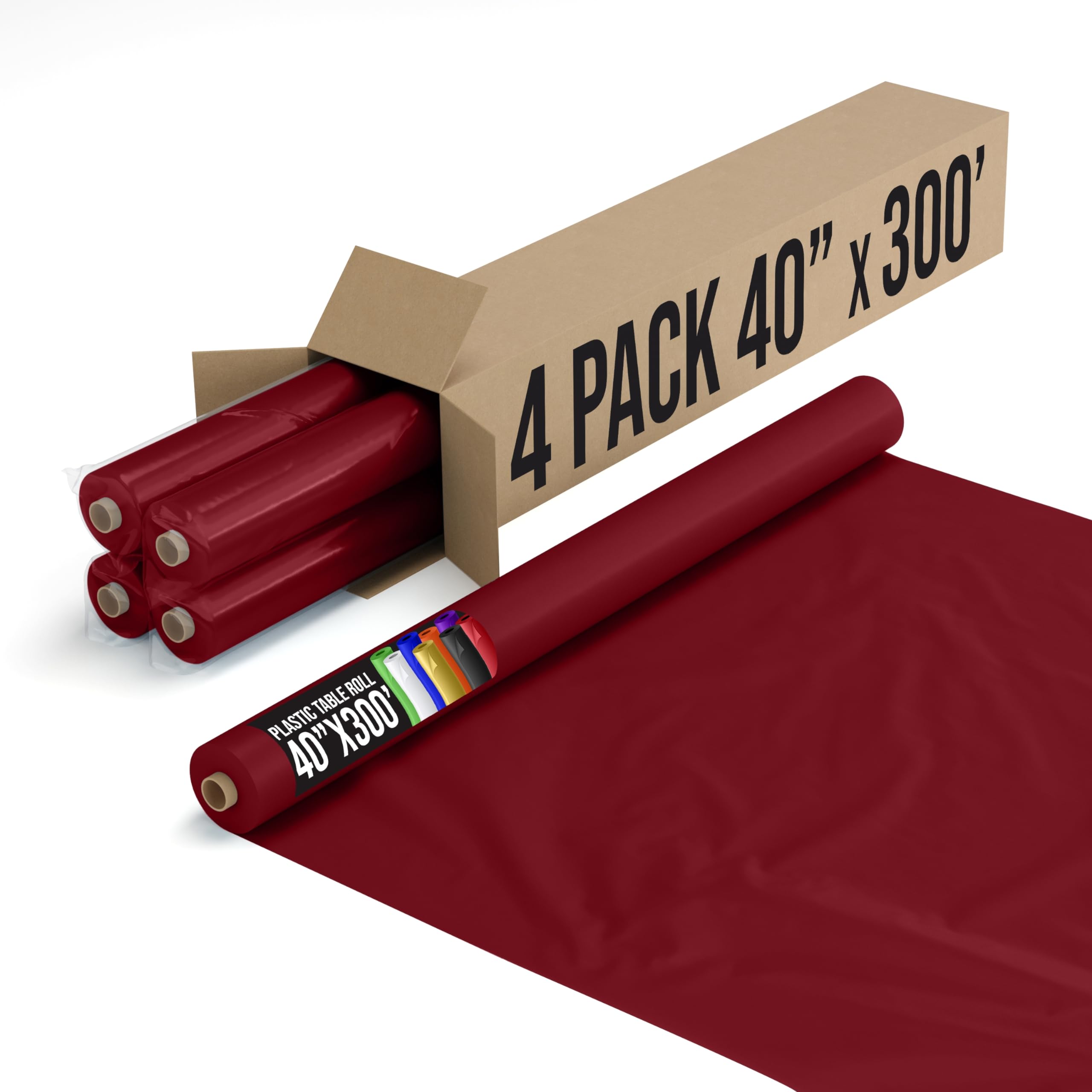 Exquisite Burgundy Plastic Table Cover Roll 4 Pack 40 X 300' Table Cloth Plastic Cover Roll - Premium Quality Thick 0.5 Mil Ba
