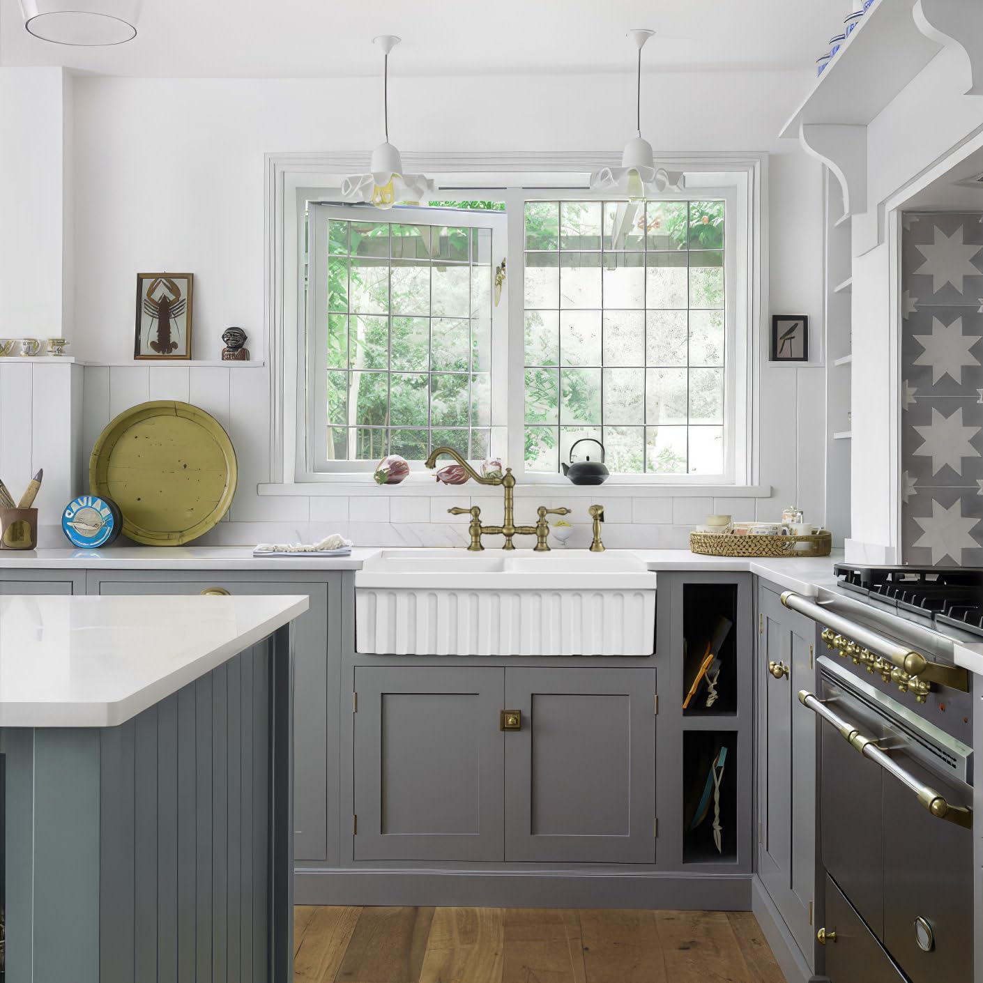 Whitehaus Collection Whqdb332-M-Lightcement Quatro Alcove Kitchen, Fireclay, Front Apron Sink, Matte, Light Cement