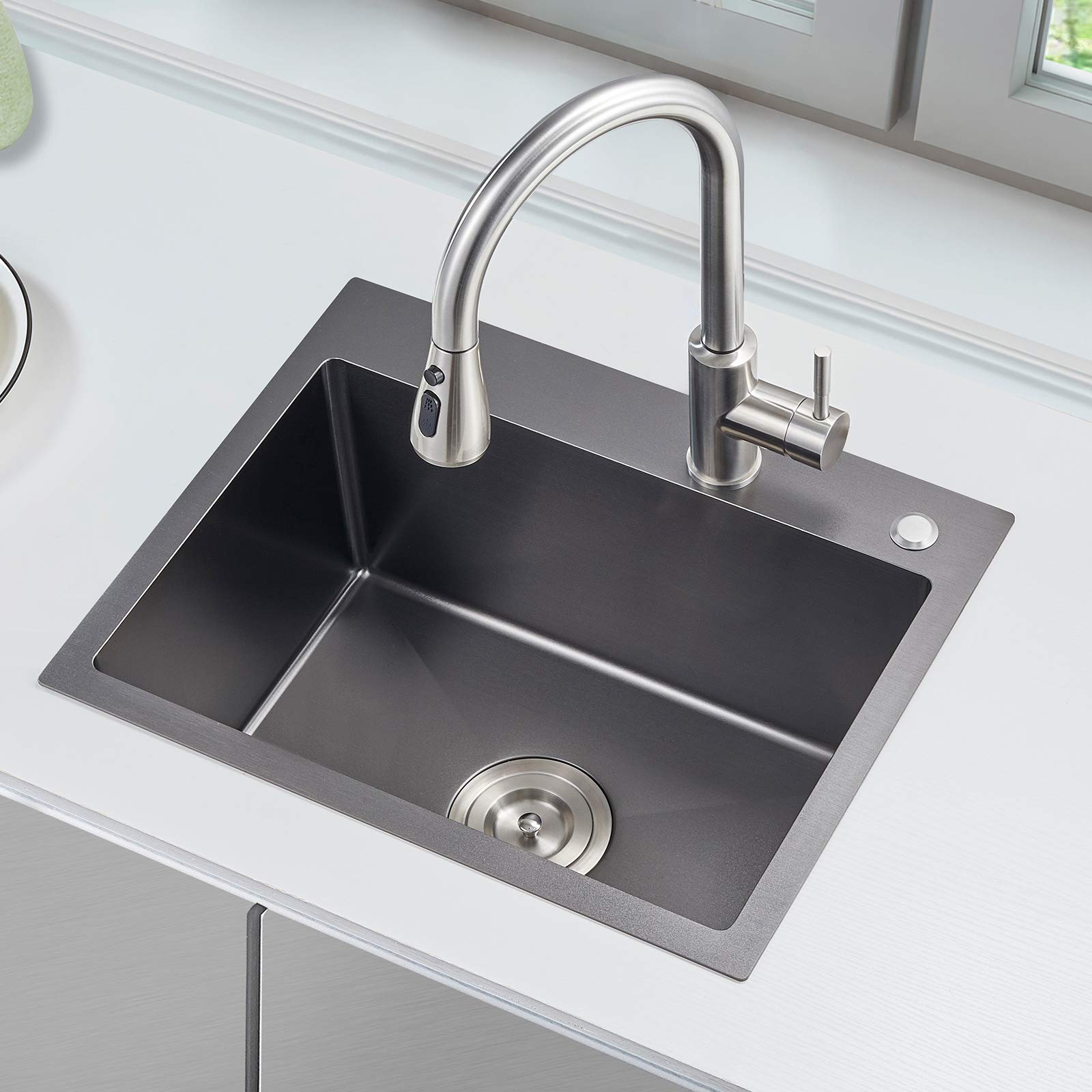 Ougoo 25-Inch Black Kitchen Sink, Drop In Kitchen Sinks, 304 Stainless Steel Overmount Handmade Single Bowl Sink With Strainer,