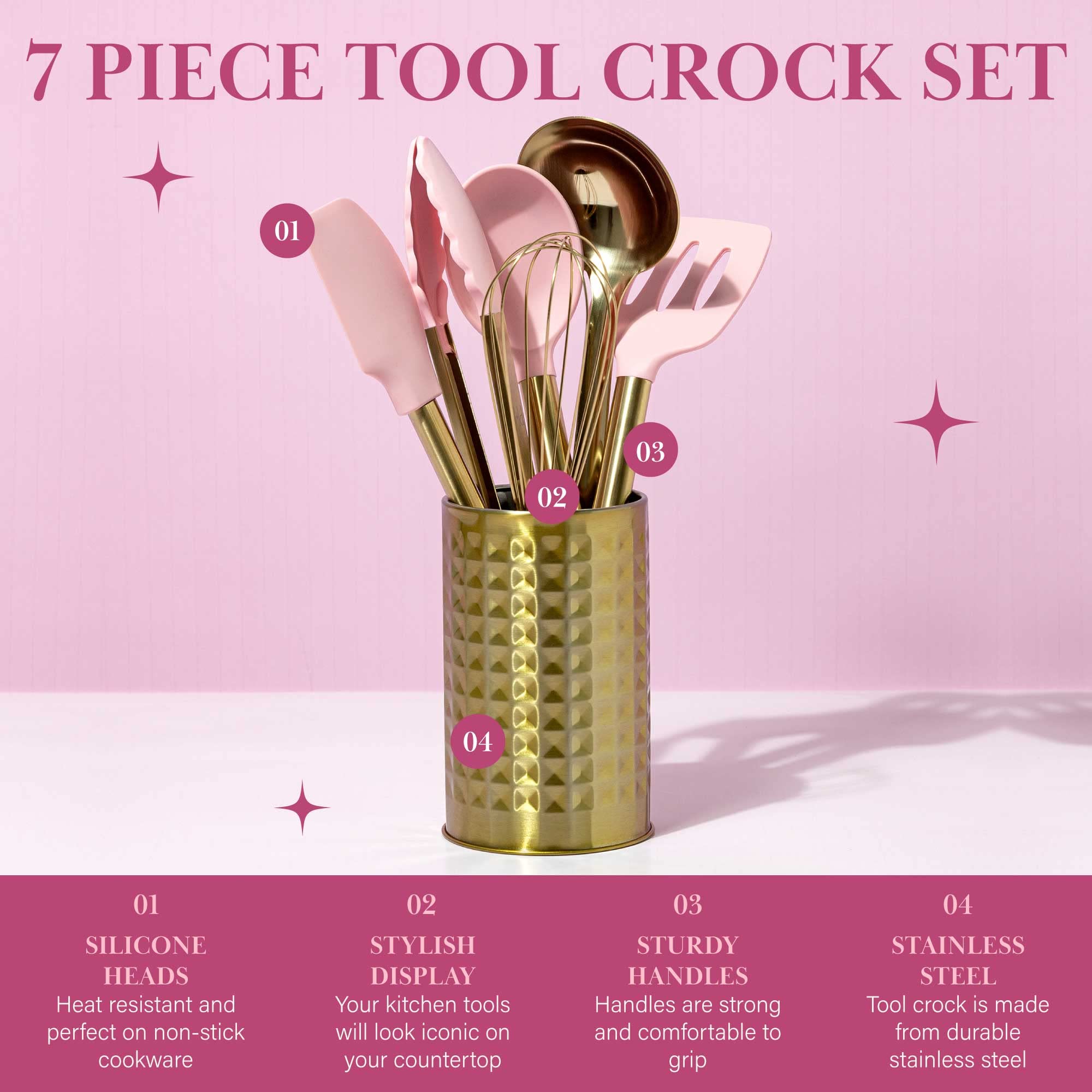 Paris Hilton Kitchen Set Tool Crock With Silicone Cooking Utensils, Stainless Steel Whisk And Ladle, 7-Piece, Pink And Gold