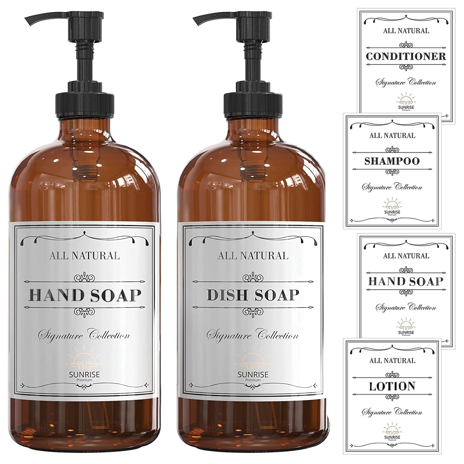 Sunrise Premium, 16 Oz Thick Amber Glass Soap Dispenser With Plastic Pump 2 Pack, Hand And Dish Soap Dispenser Set For Bathroom