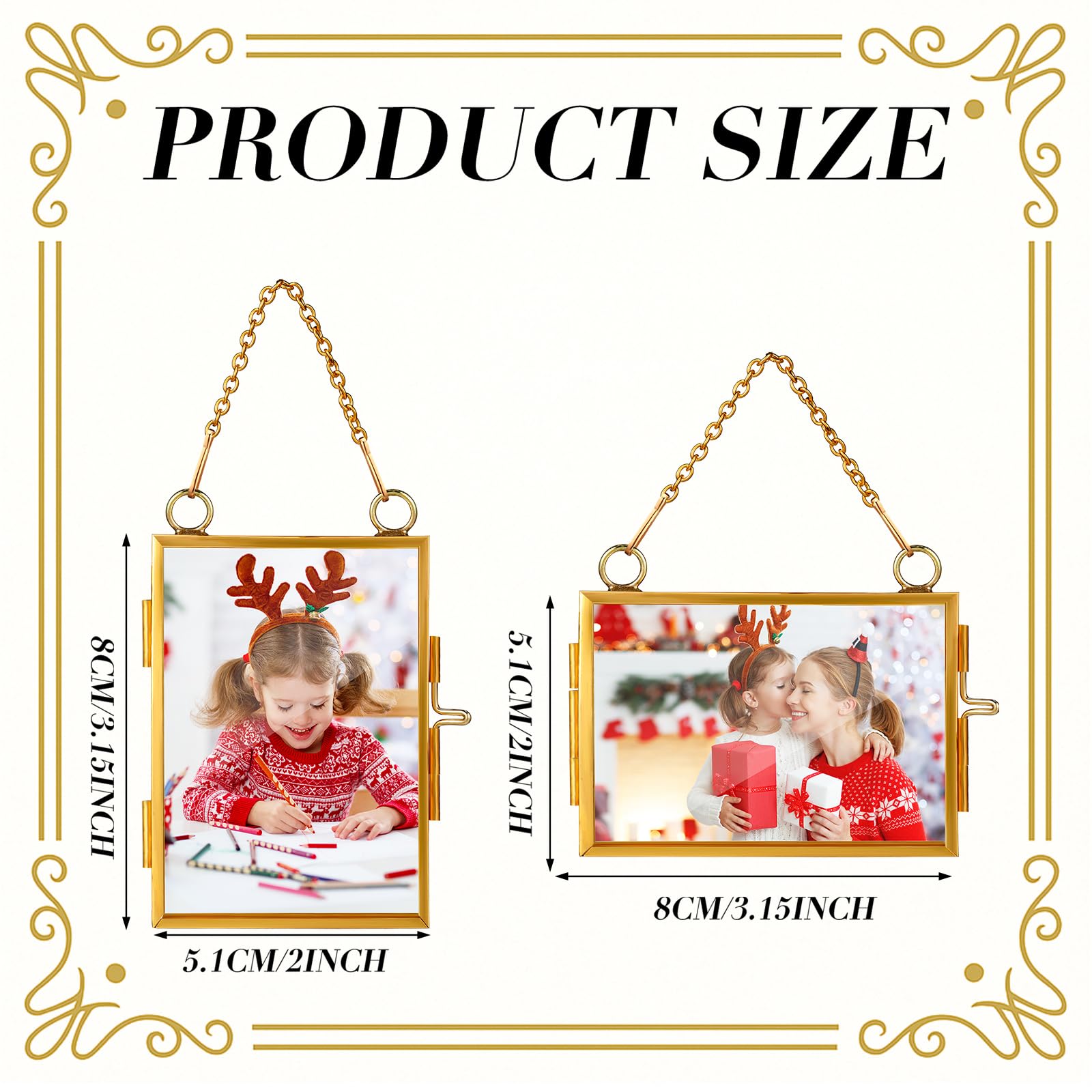 Qunclay 6 Pcs 2x3    3x2    Christmas Brass Picture Frame Ornaments Xmas Metal Double Glass Hanging Photo Frame with Metal Chain