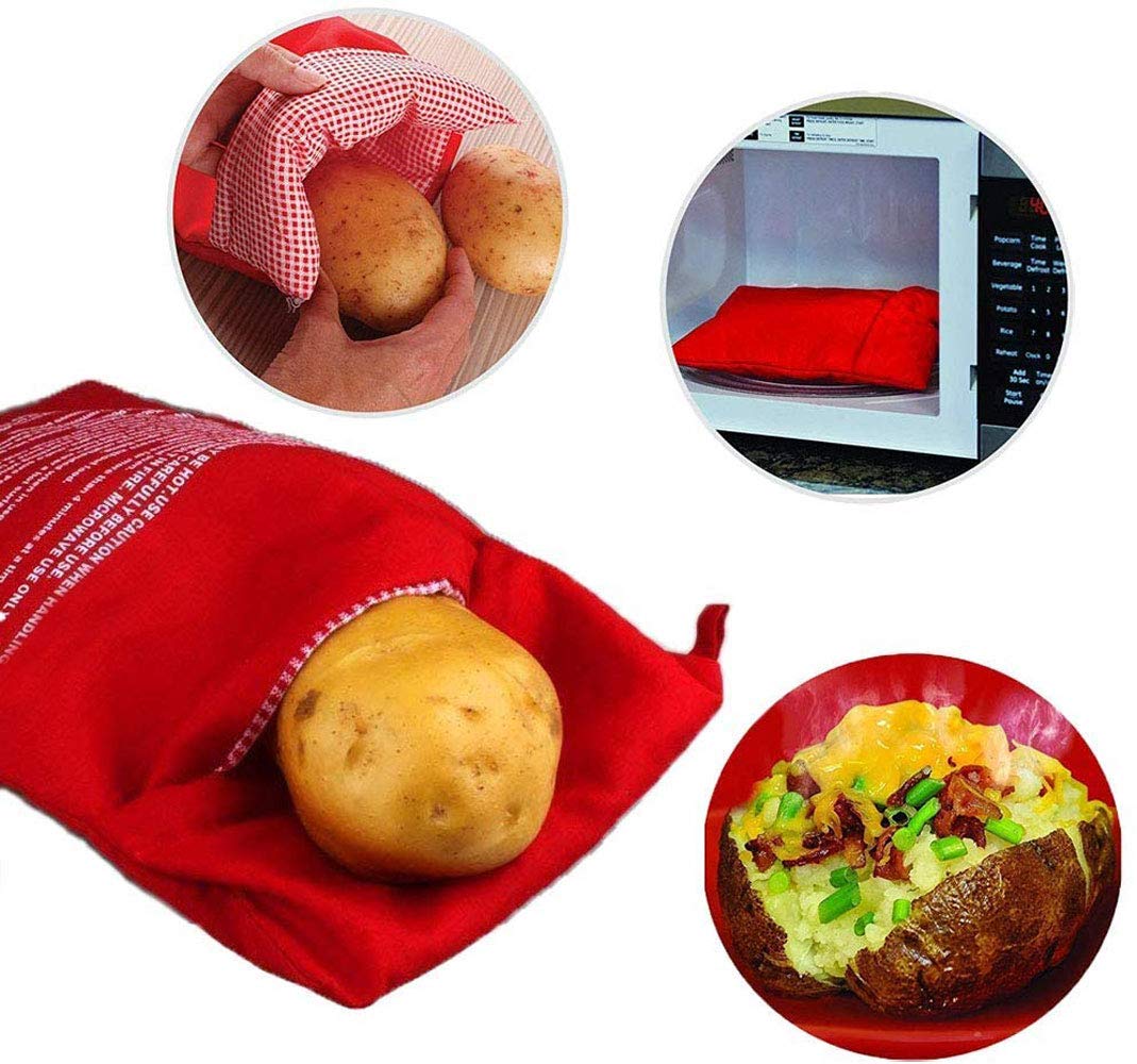 Kiseer 3 Pack Reusable Microwave Potato Bag Baked Potato Cooker Pouch, Red