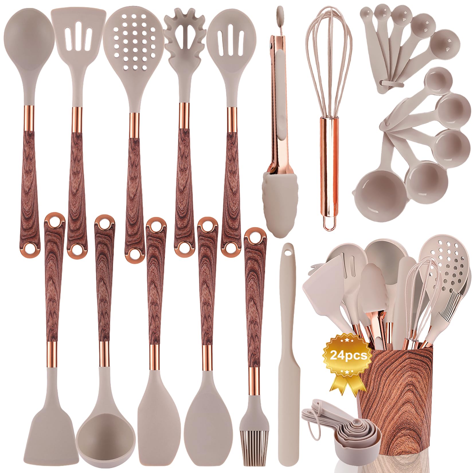 Silicone Cooking Utensils Set with Holder 24pcs Kitchen Utensil Set with Wood Pattern Handle, Silicone Utensils for Cooking wit