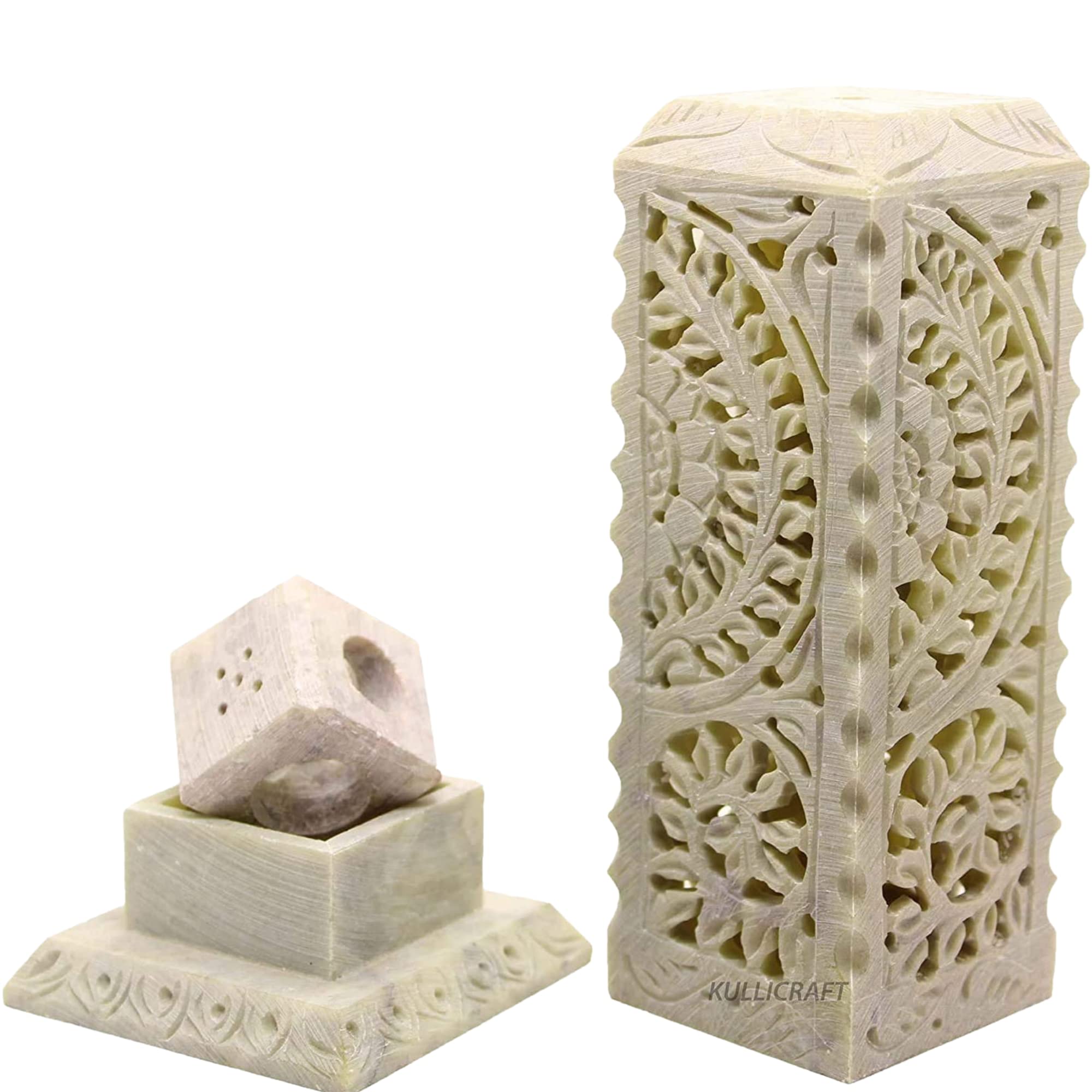 Kc Kullicraft Handcrafted Floral Carving Soapstone Marble Dhoop Batti Stand Holder For Puja With 6 Dhoop Batti