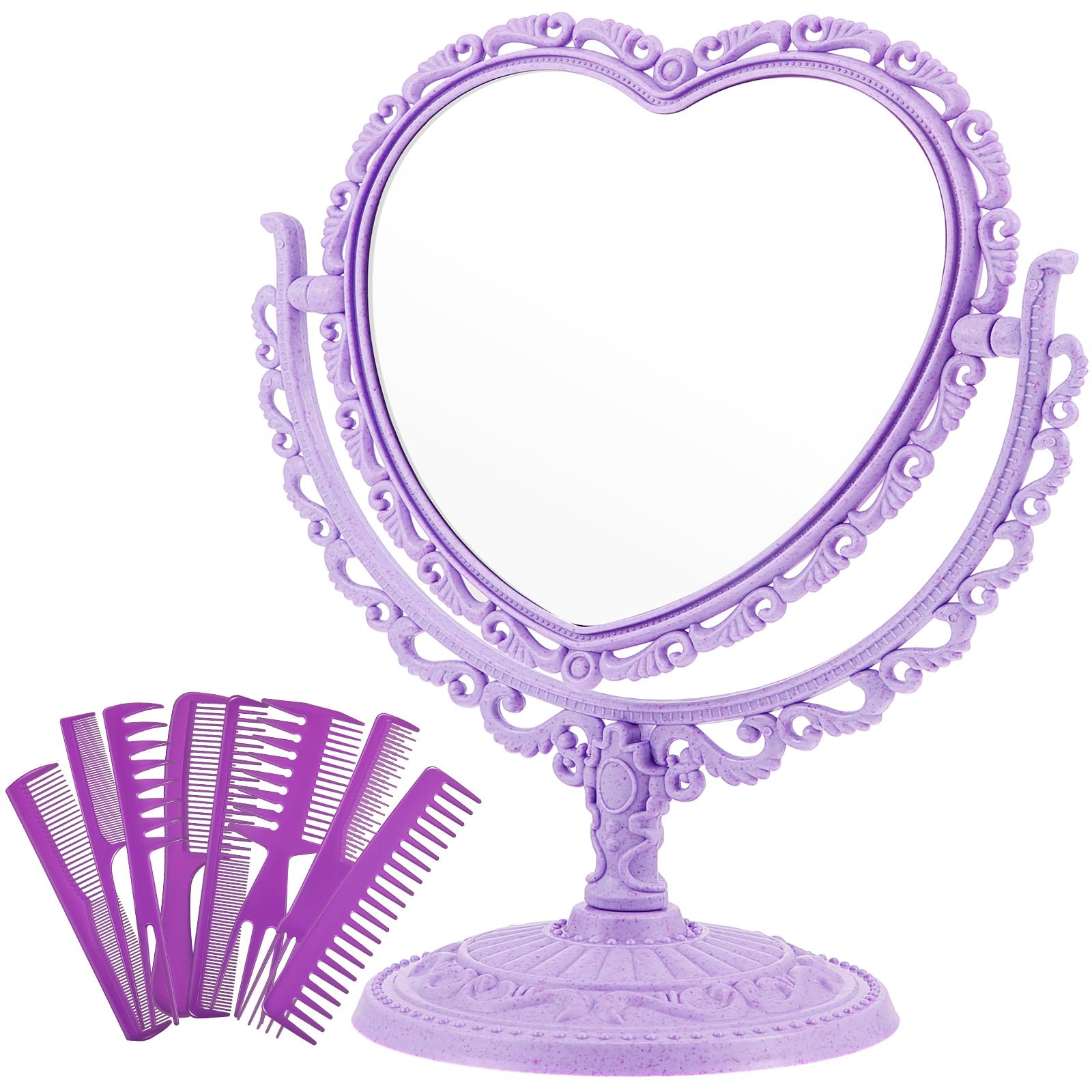 CHENGU Heart Shaped Mirror 8 Pieces Hair Styling Combs Double Sided Rotatable Dresser Heart Mirror Makeup Gifts for Girls Gift V