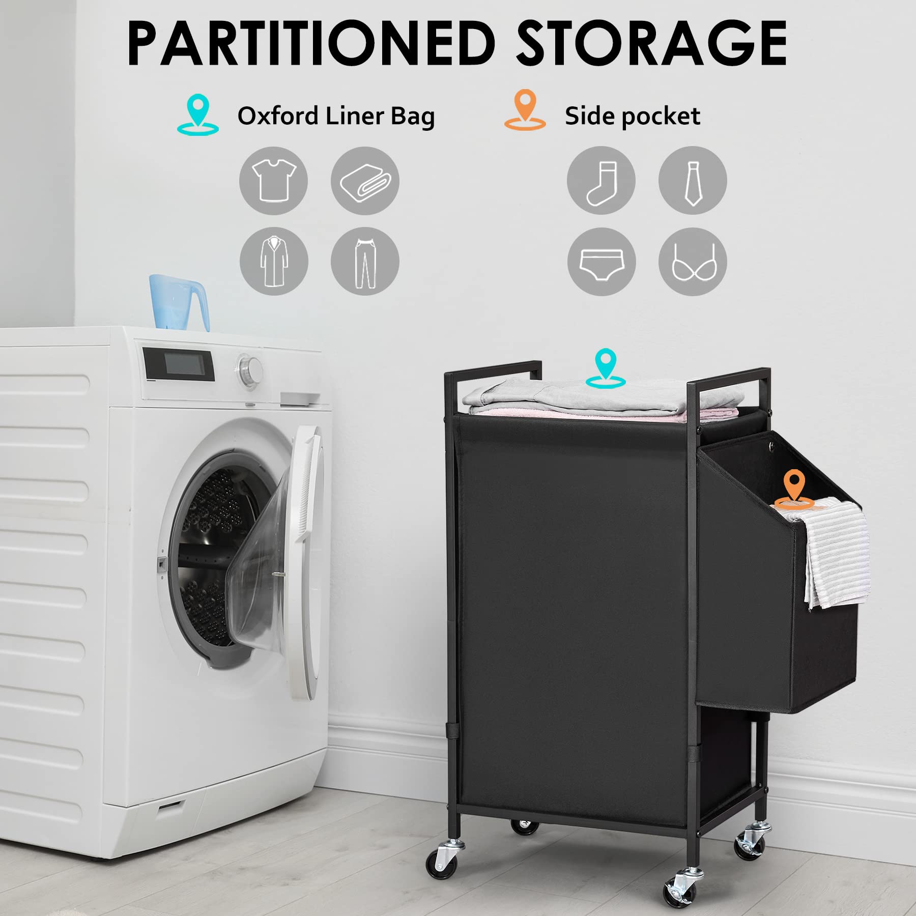 Laundry Hamper With Rustic Brown Lid & Wheels; 96L Large Rolling Laundry Basket With Removable Oxford Liner Bag; Tall Freestandi