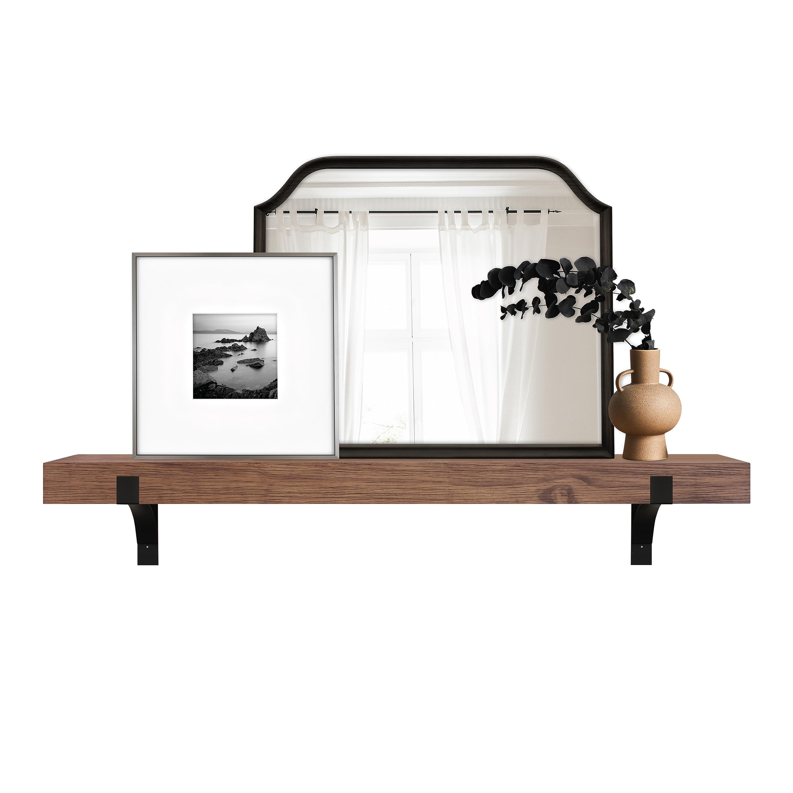 Master & Co. Modern Floating Fireplace Mantel with Black Metal Brackets, Long Floating Shelves for Wall D  cor, 60 inches, Walnu